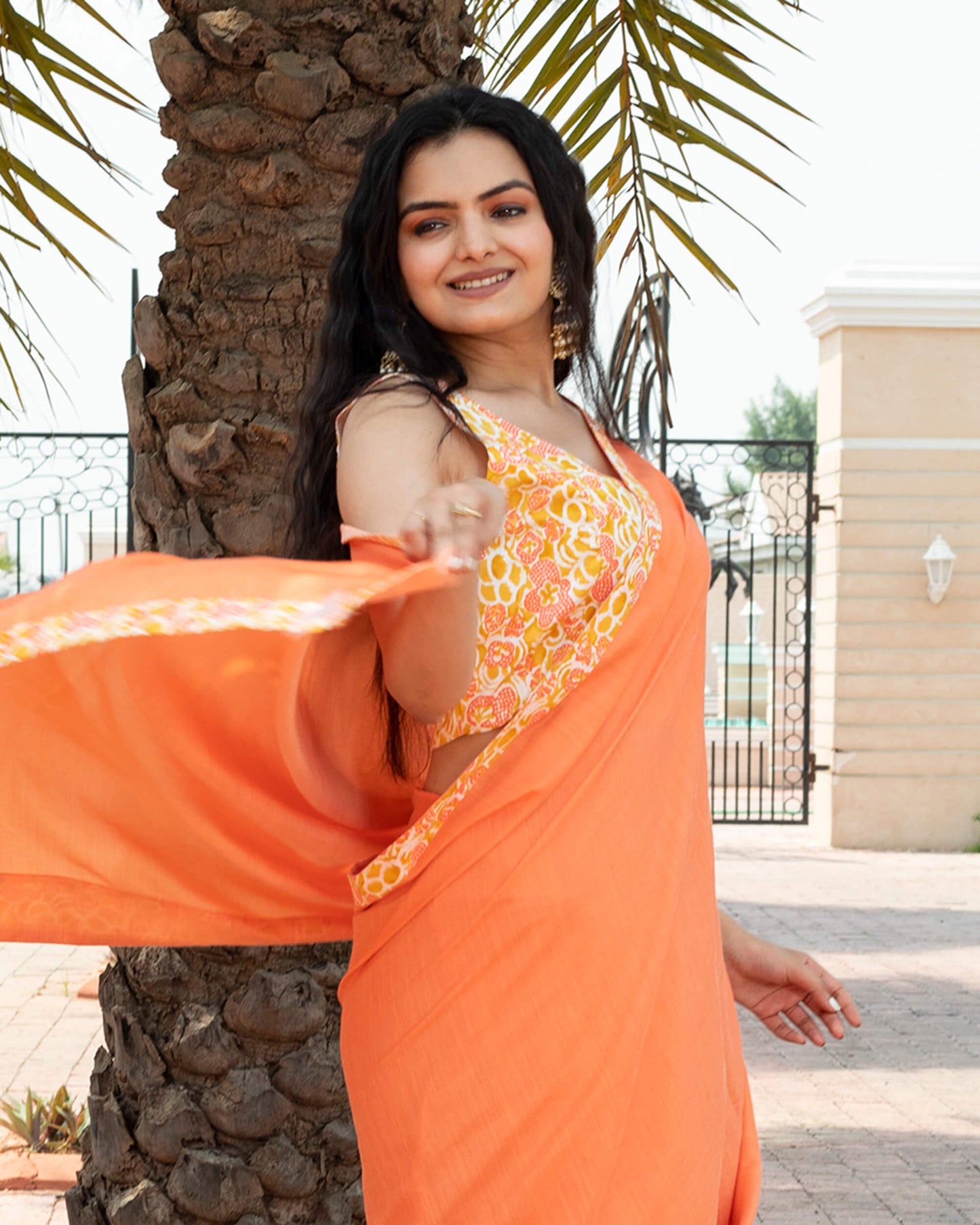 Salmon Orange Plain Poly Cotton Slub Saree With Printed Lace Border