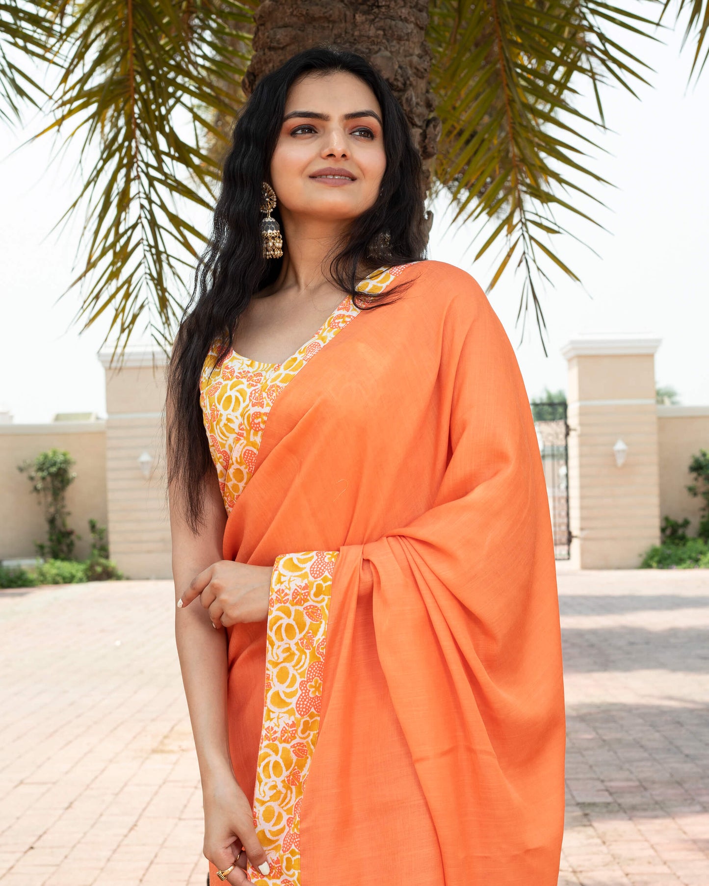 Salmon Orange Plain Poly Cotton Slub Saree With Printed Lace Border