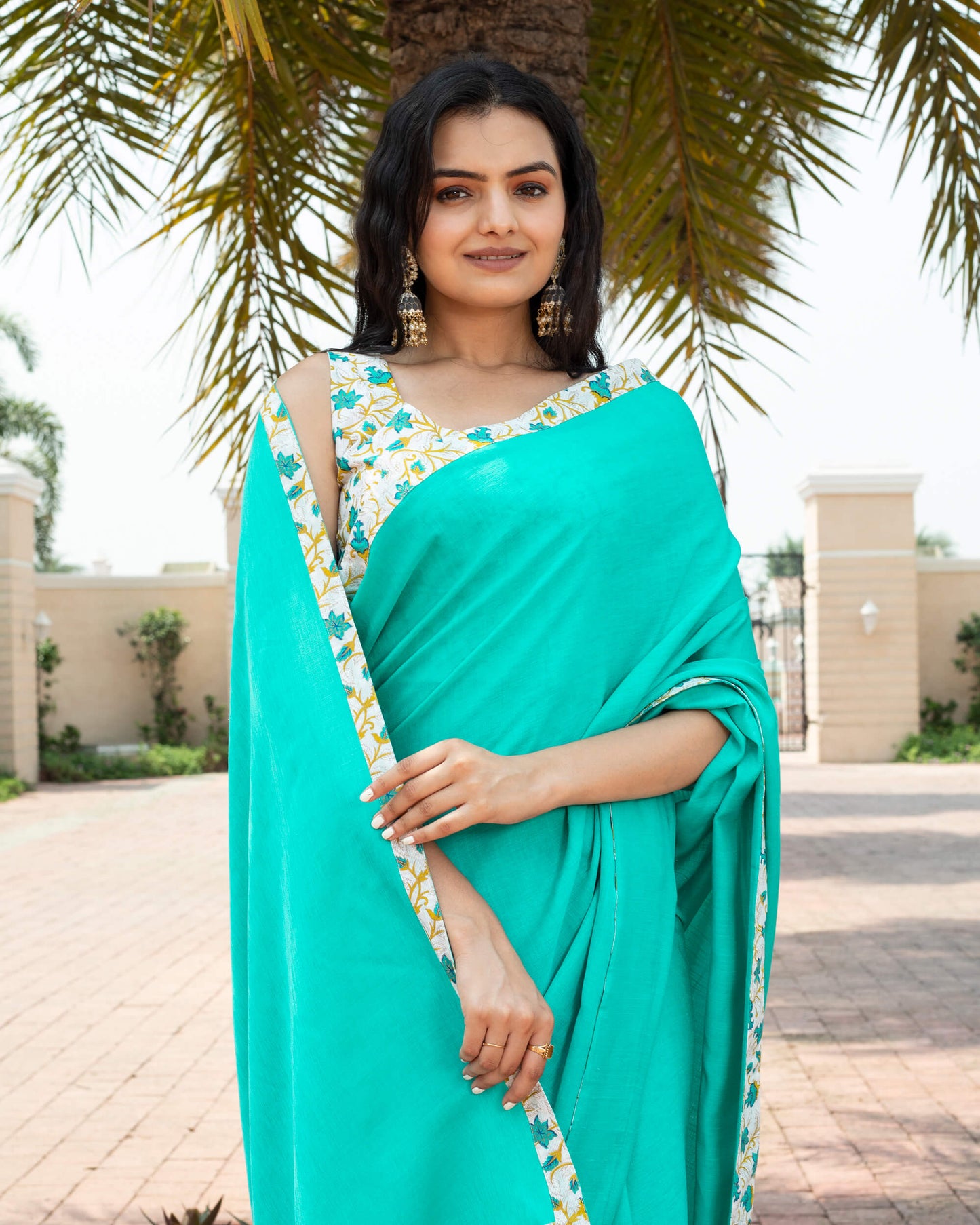 Turquoise Plain Poly Cotton Slub Saree With Printed Lace Border