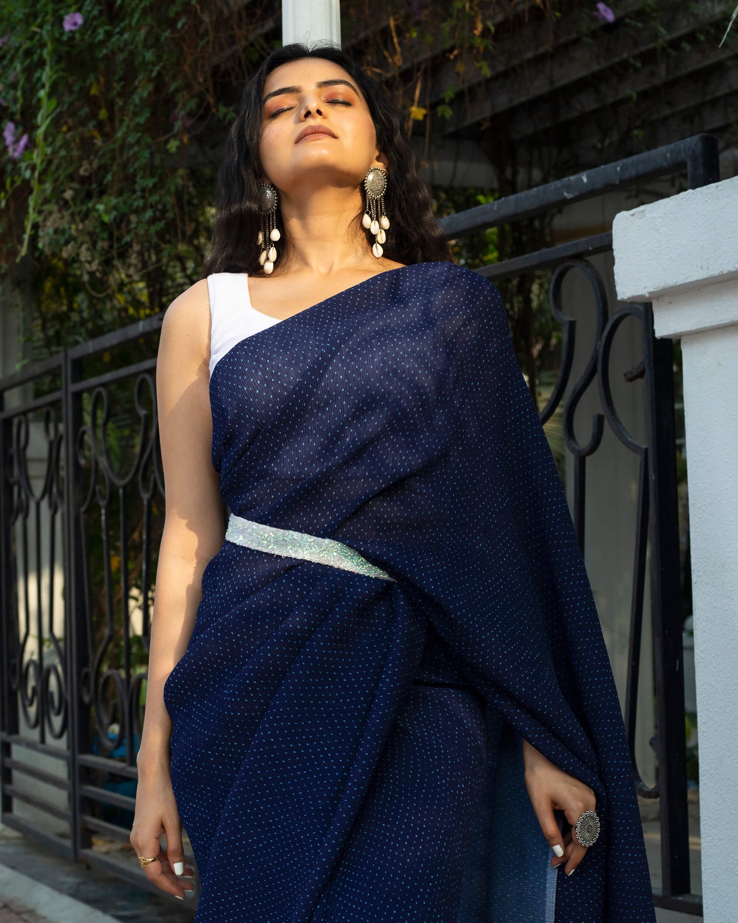 Navy Blue Plain Half Pleated Digital Print Georgette Saree