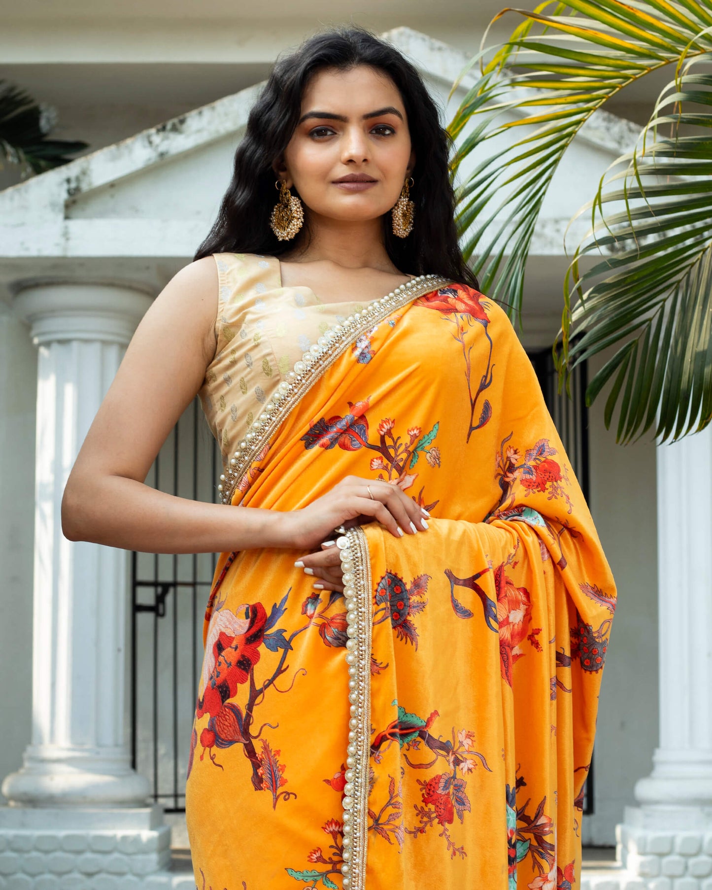 Gold Yellow Plain Half Digital Print Premium Velvet Saree With Sequins Pearl Work Lace Border