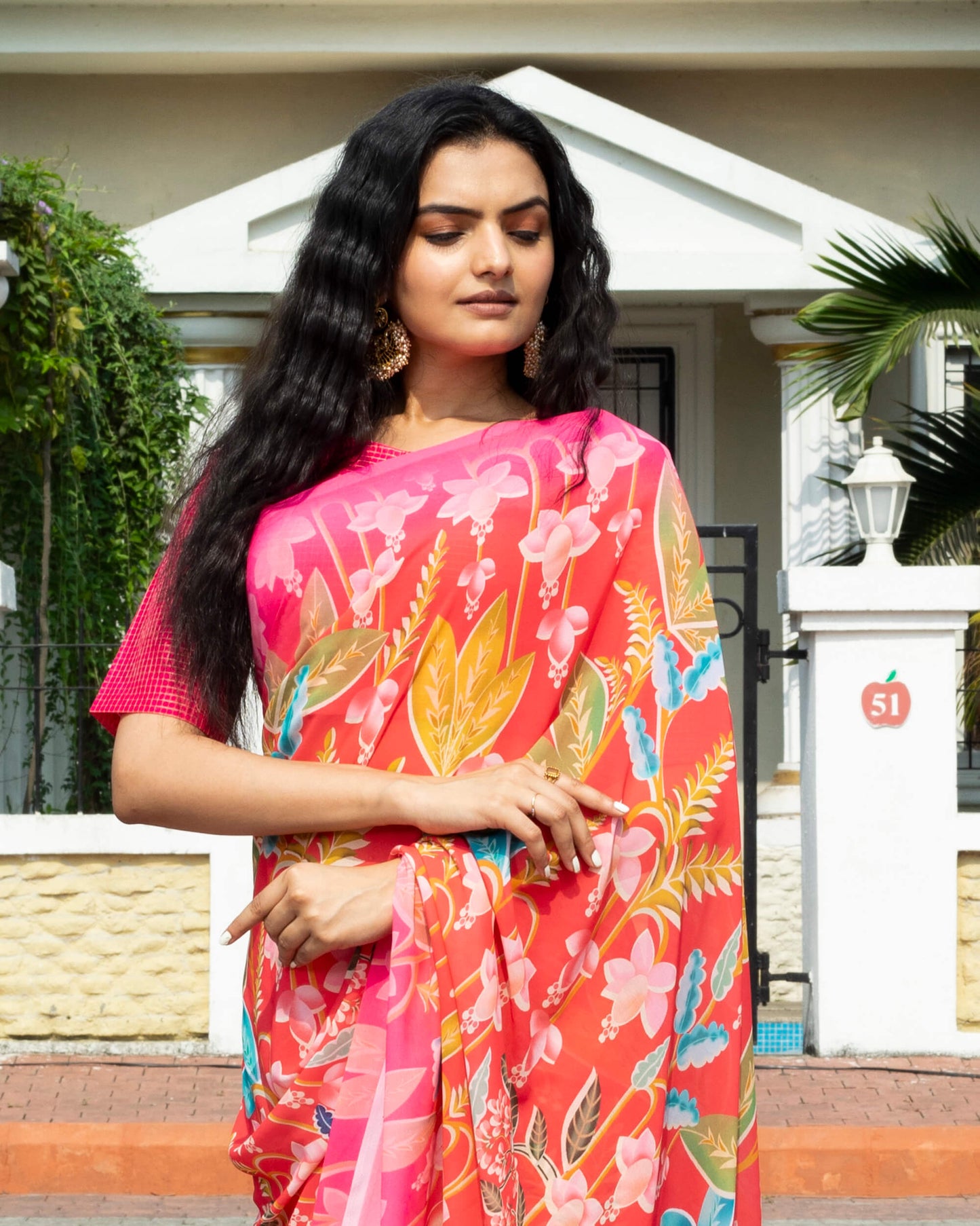 Coral Red And Olive Green Floral Pattern Digital Print Georgette Saree With Tassels