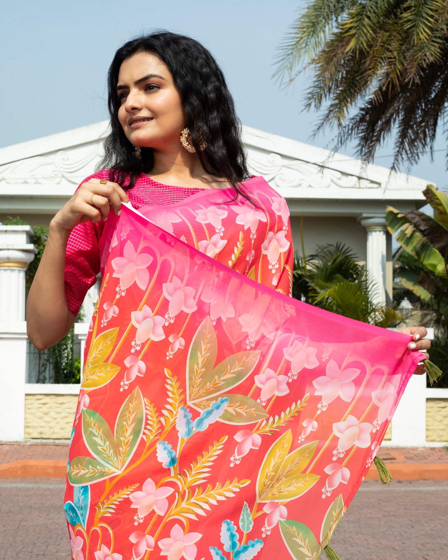 Coral Red And Olive Green Floral Pattern Digital Print Georgette Saree With Tassels