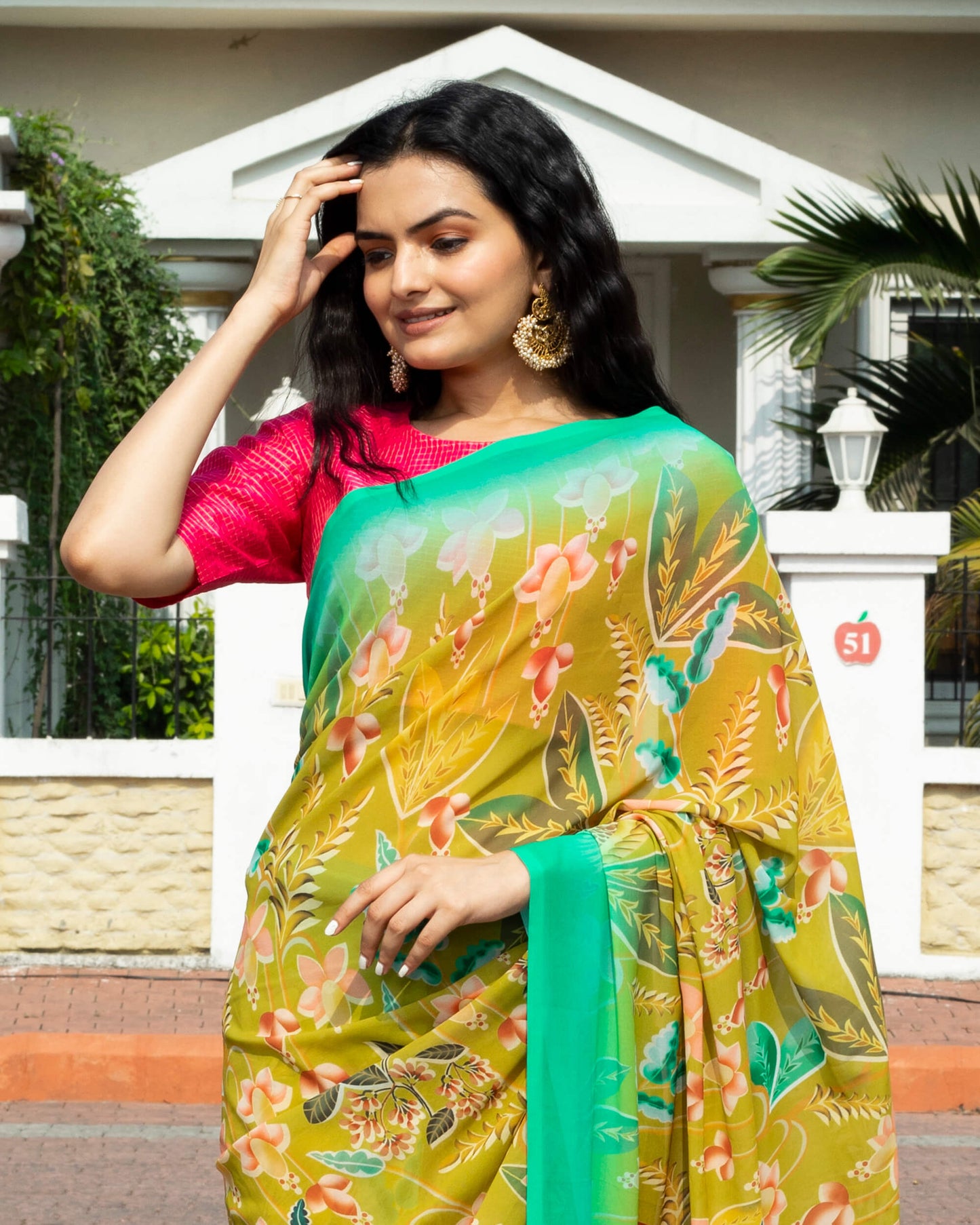 Olive Green And Pink Floral Pattern Digital Print Georgette Saree With Tassels