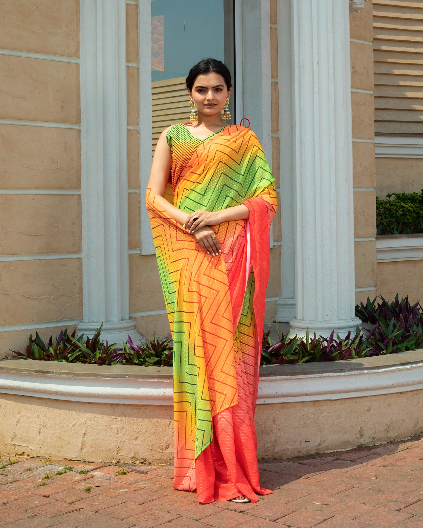 Pink and Green Ombre Pattern Premium Sequins Georgette Saree