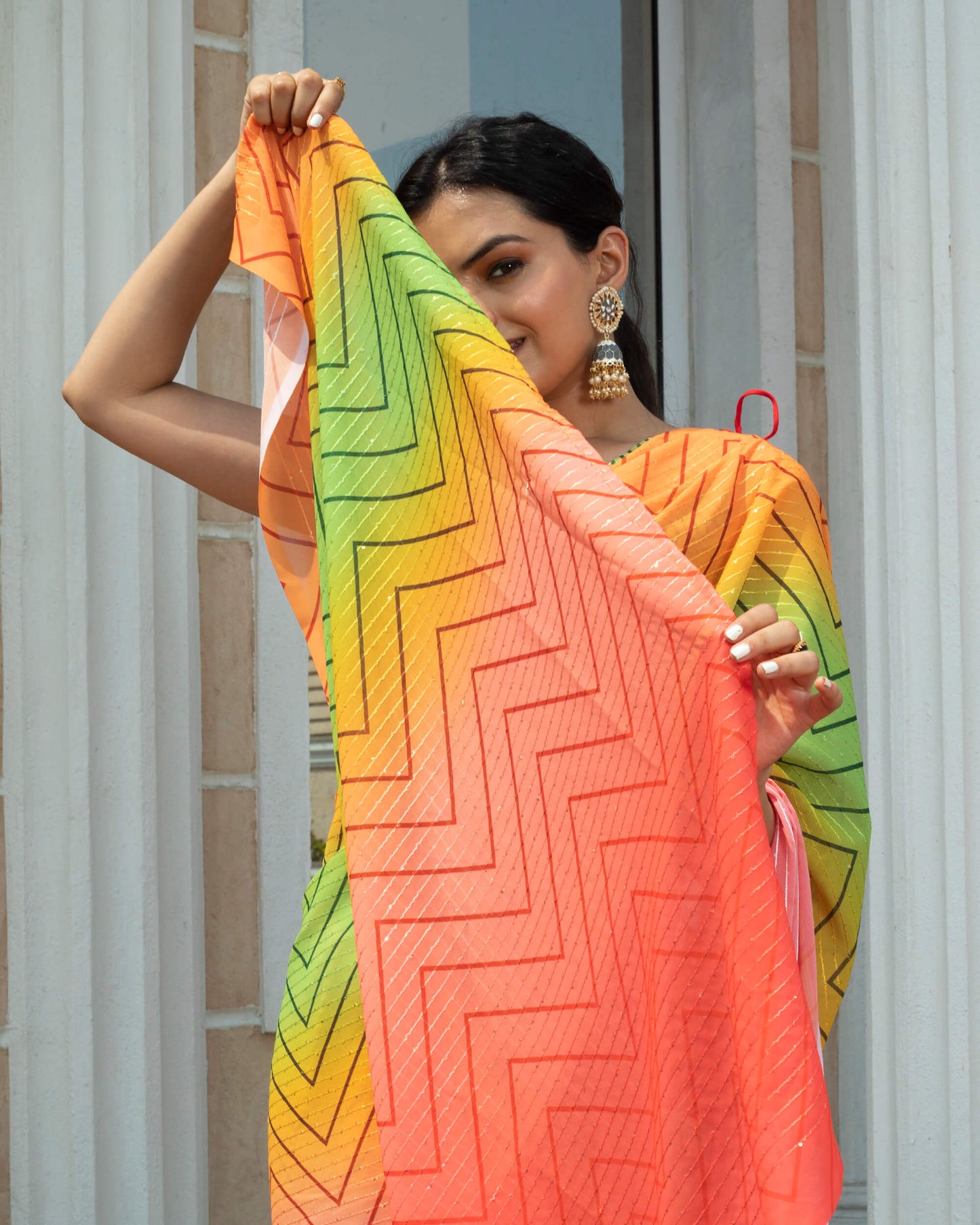 Pink and Green Ombre Pattern Premium Sequins Georgette Saree