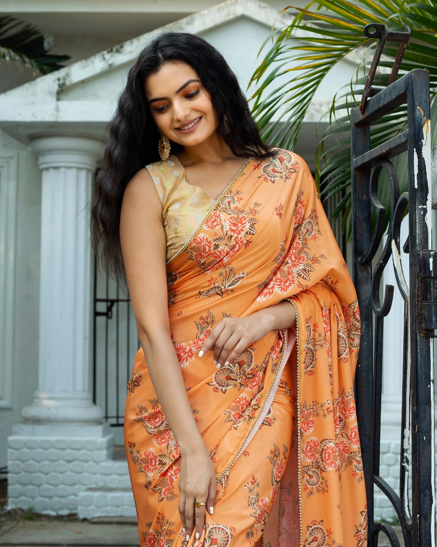 Royal Orange And Red Floral Pattern Digital Print Crepe Silk Saree With Pearl Work Lace Border