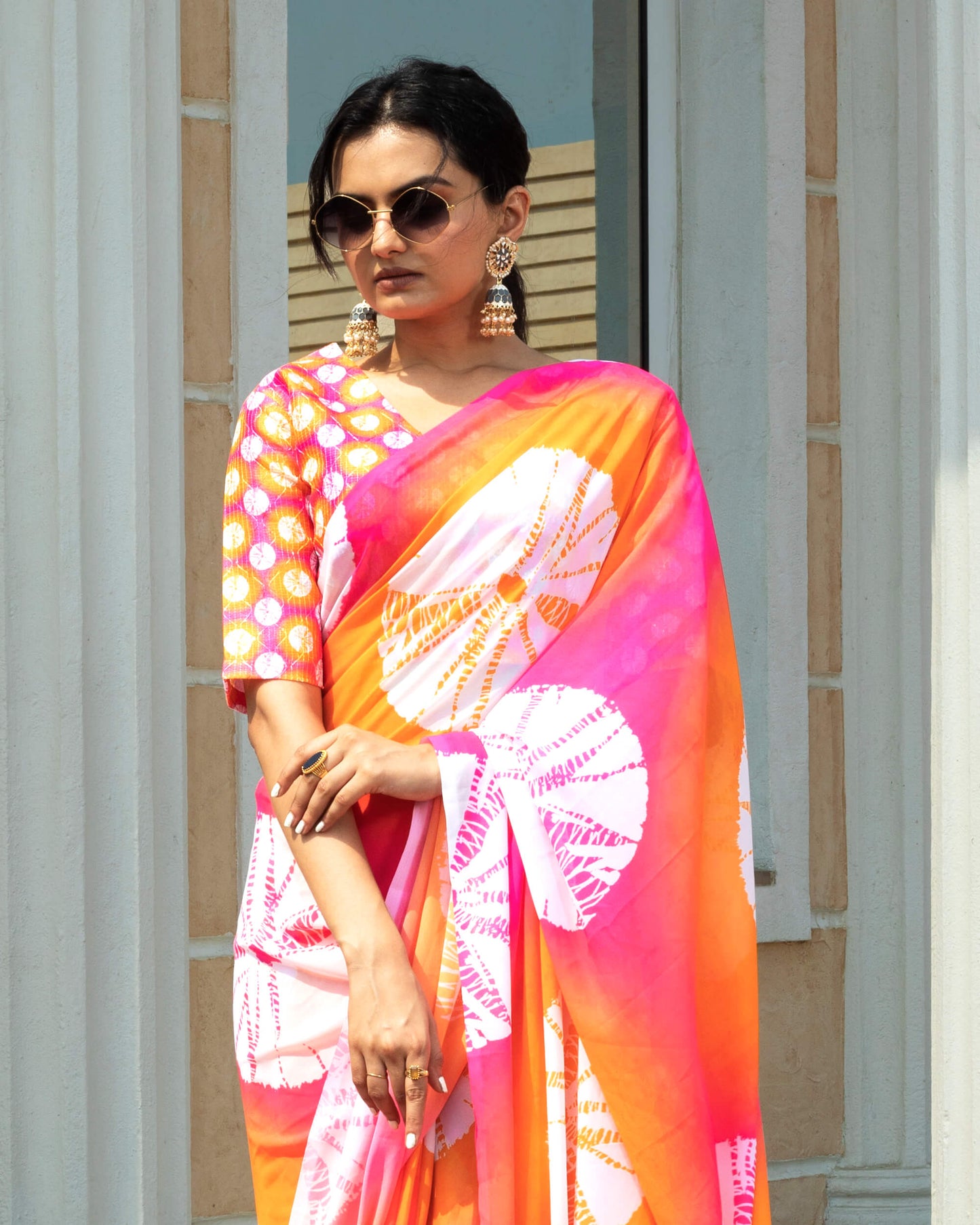 Orange And White Shiiborii Pattern Digital Print Georgette Saree