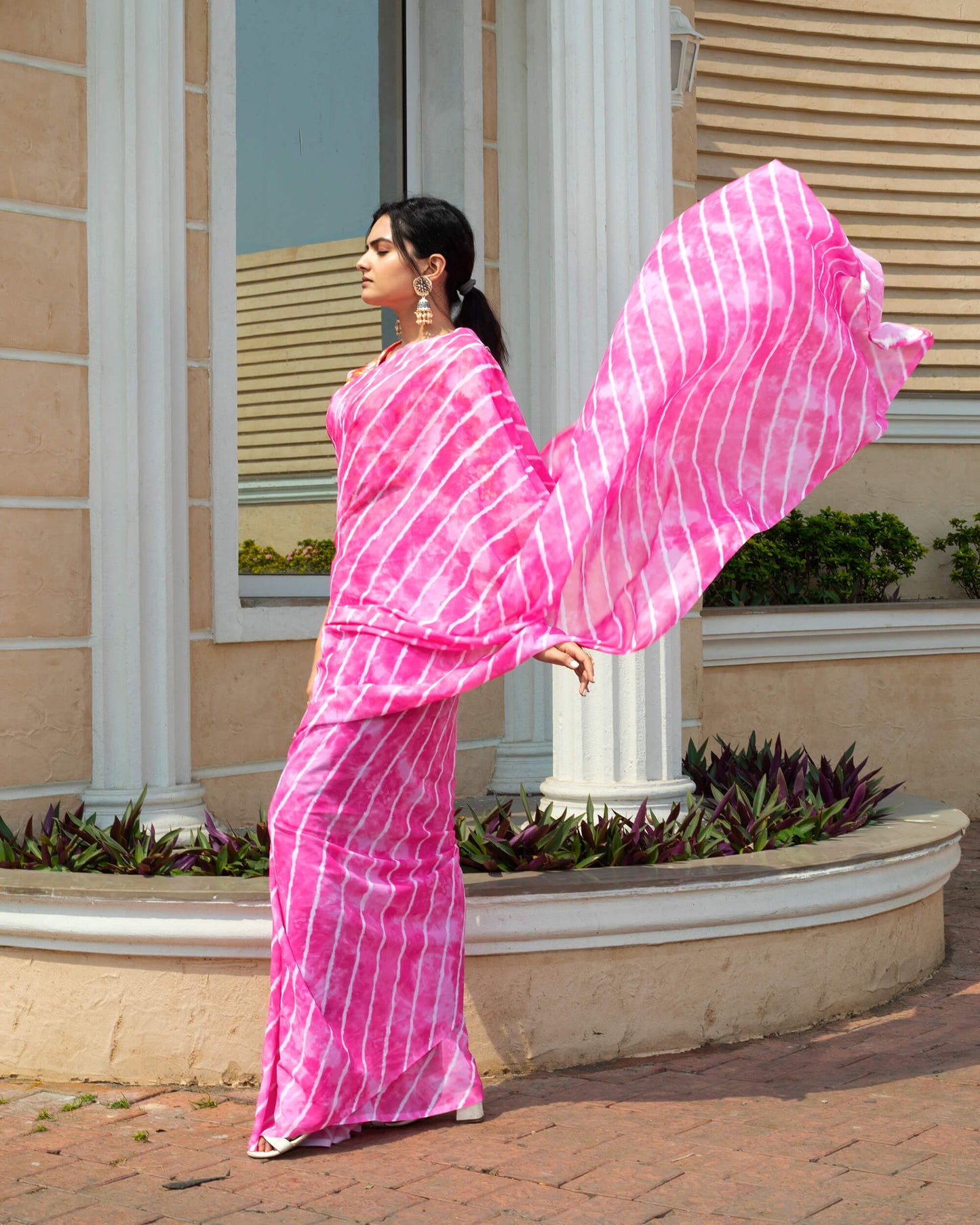 Hot Pink And White Leheriya Pattern Digital Print Georgette Saree With Tassels