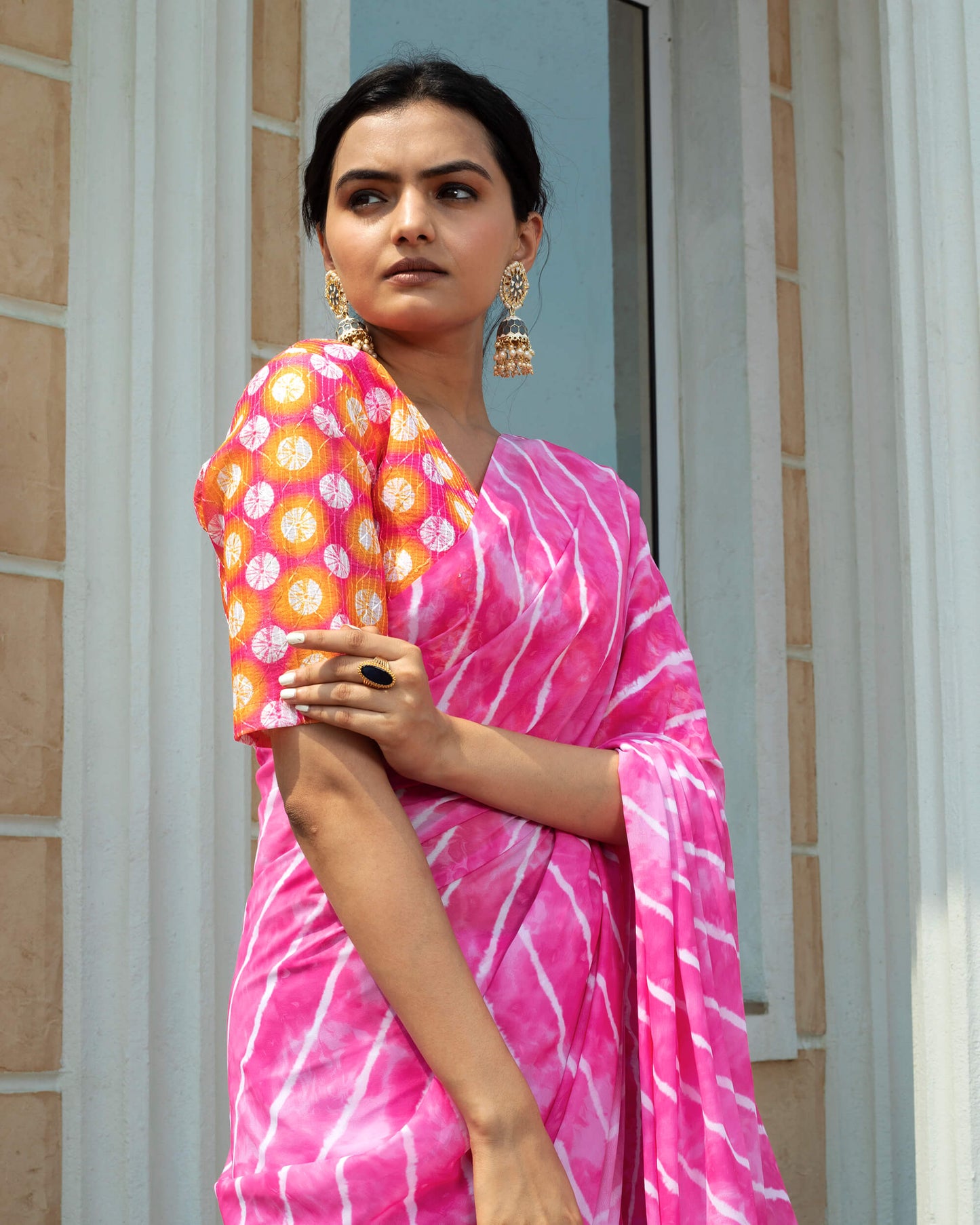 Hot Pink And White Leheriya Pattern Digital Print Georgette Saree With Tassels