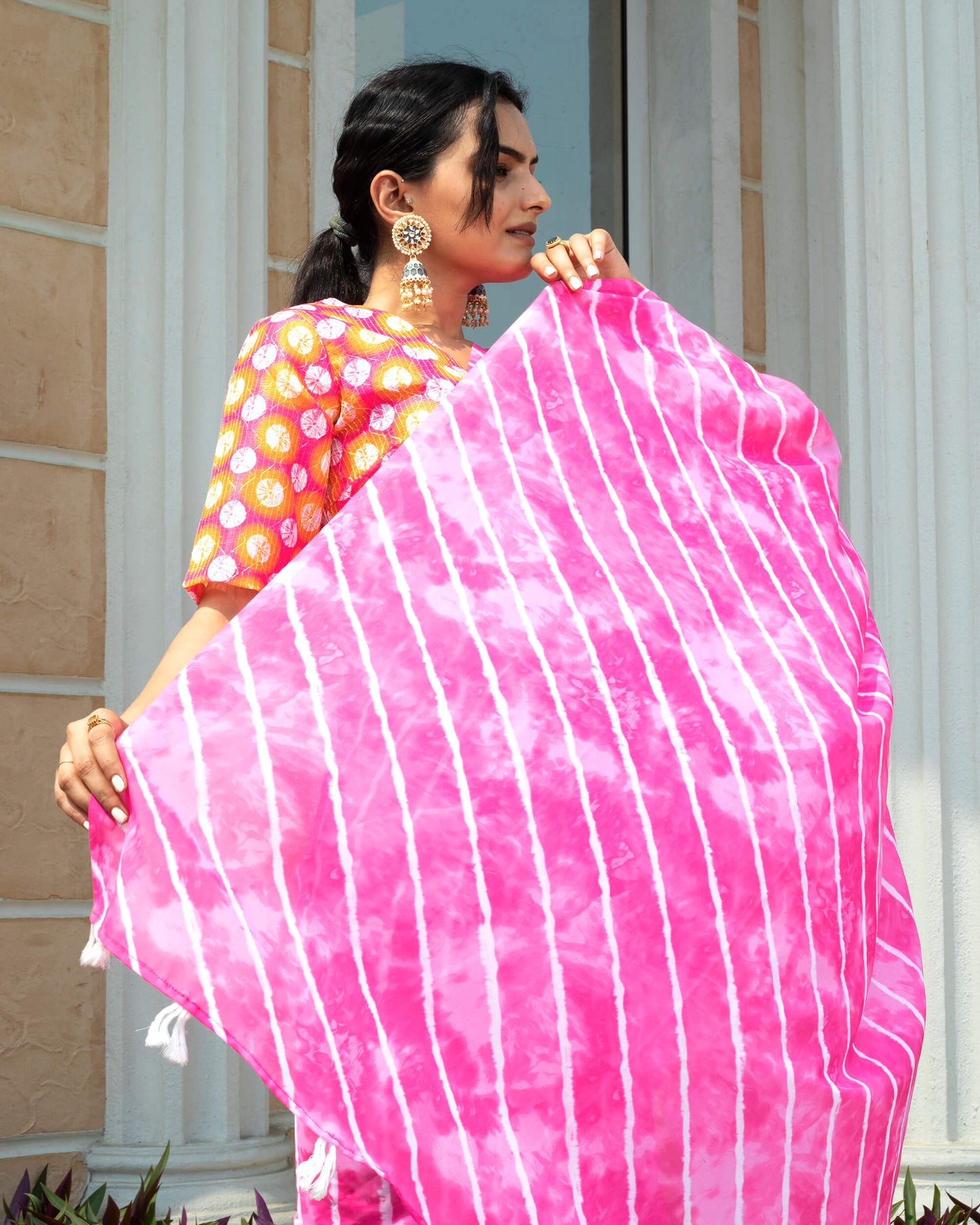 Hot Pink And White Leheriya Pattern Digital Print Georgette Saree With Tassels