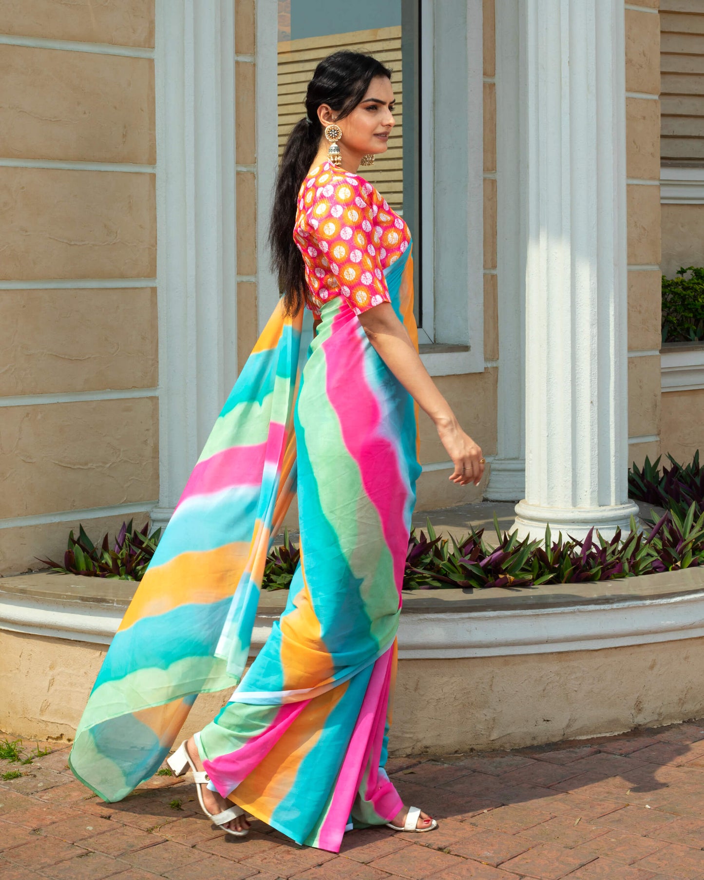 Multi-Color Stripes Pattern Digital Print Georgette Saree