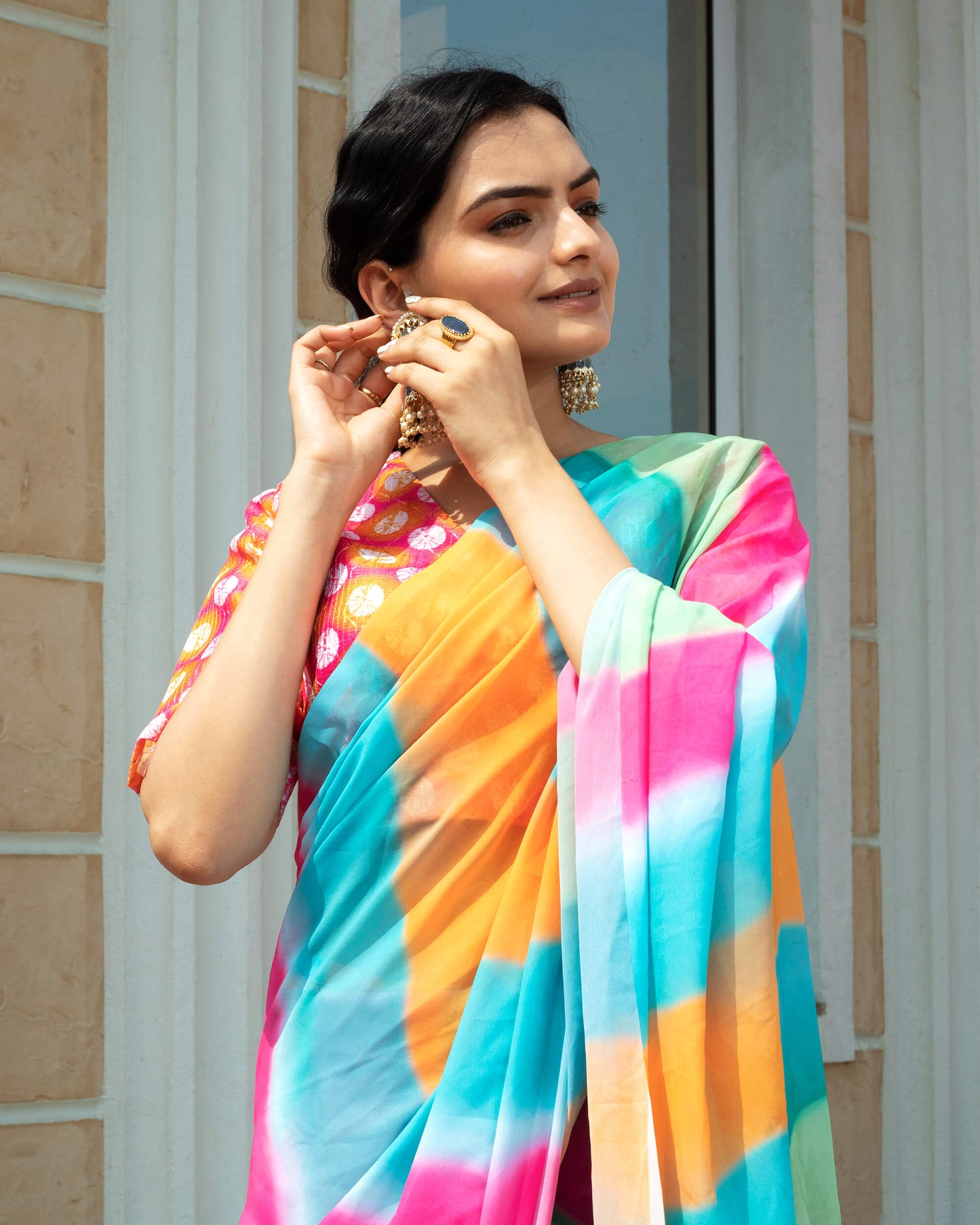 Multi-Color Stripes Pattern Digital Print Georgette Saree