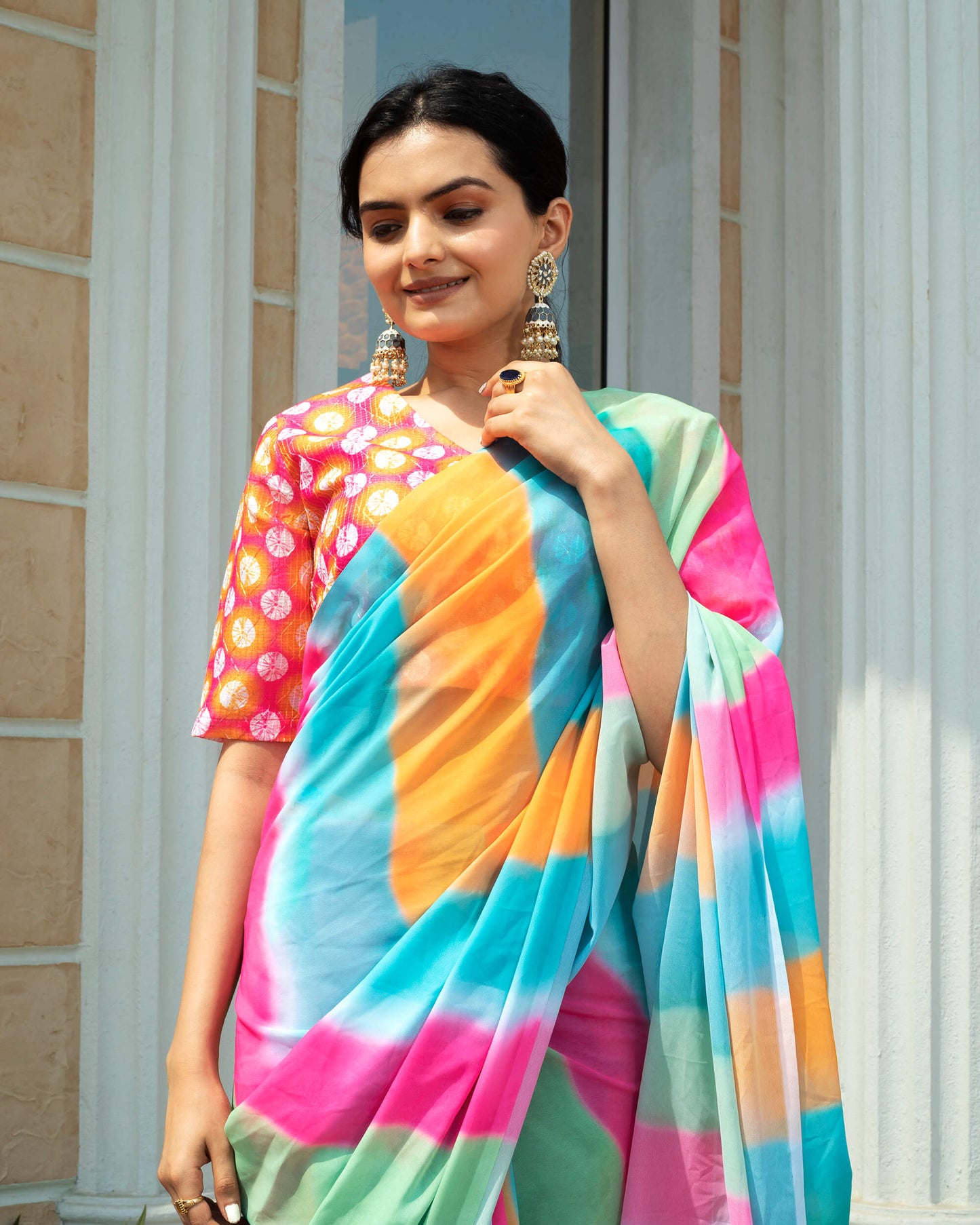 Multi-Color Stripes Pattern Digital Print Georgette Saree