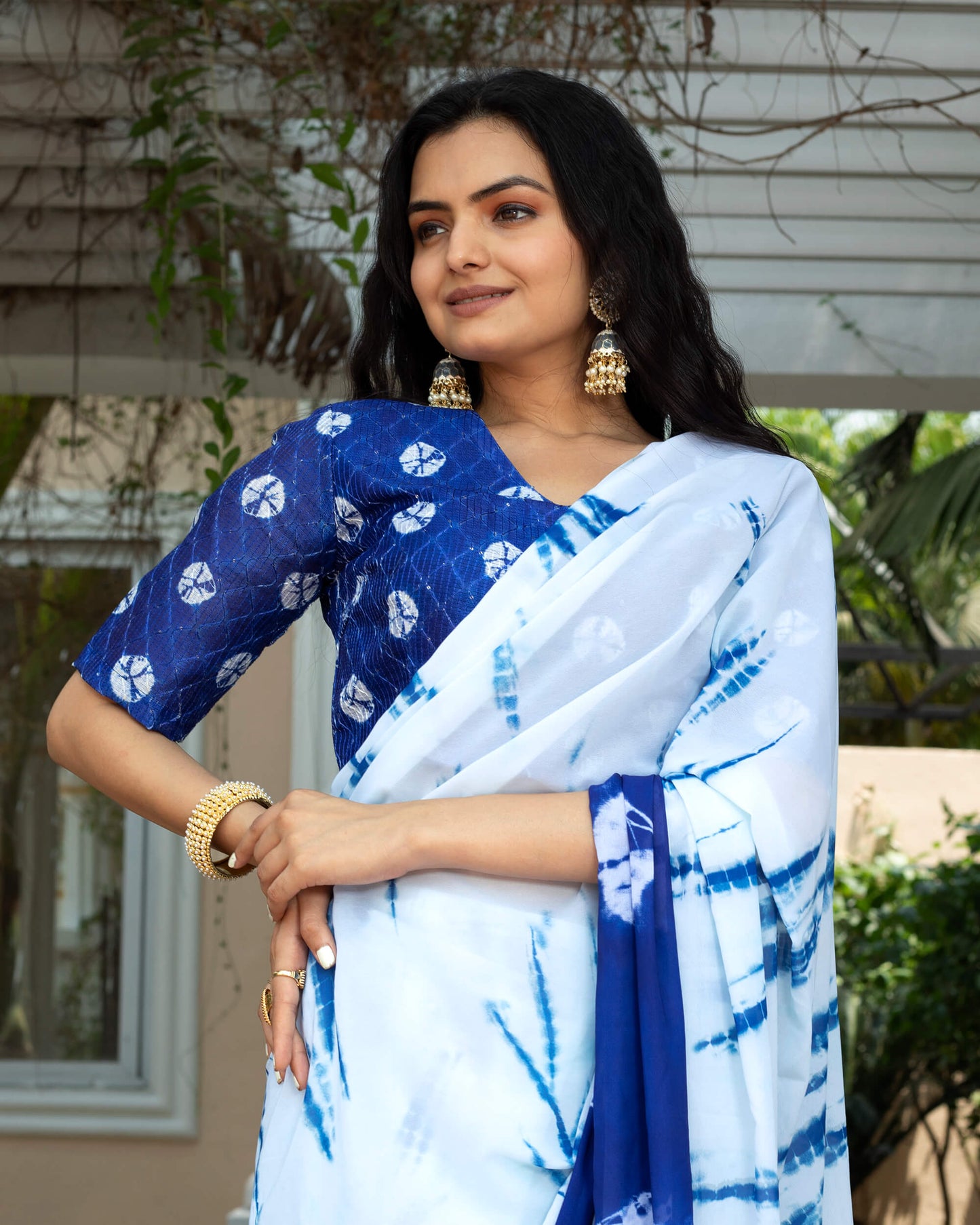 Pastel Blue & Navy Blue Shiiborii Pattern Digital Print Georgette Saree