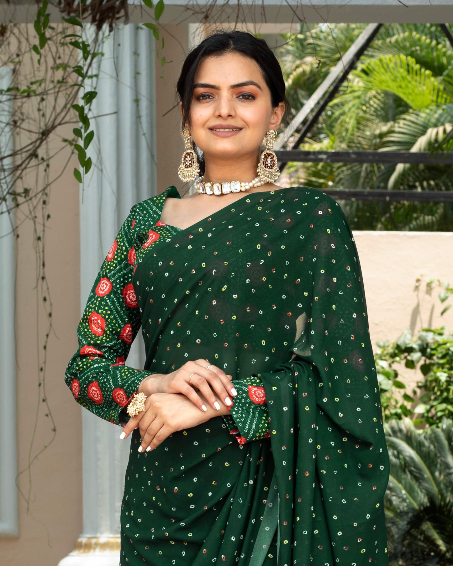 Kaitoke Green And Yellow Bandhanii Pattern Digital Print Georgette Saree