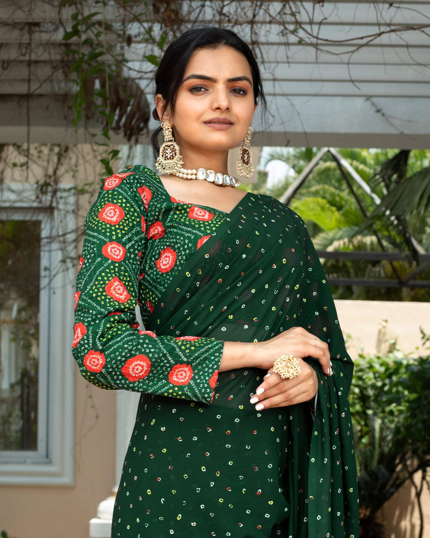 Kaitoke Green And Yellow Bandhanii Pattern Digital Print Georgette Saree