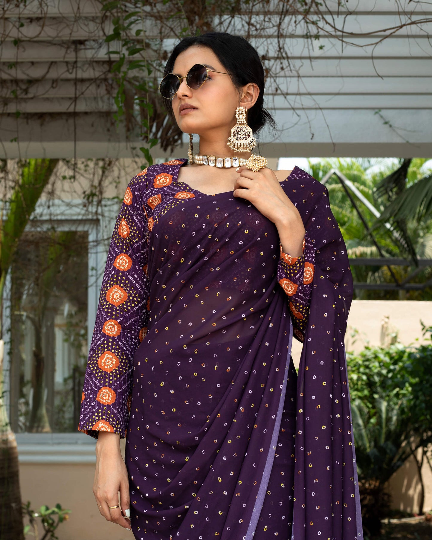 Raisin Purple And Yellow Bandhanii Pattern Digital Print Georgette Saree