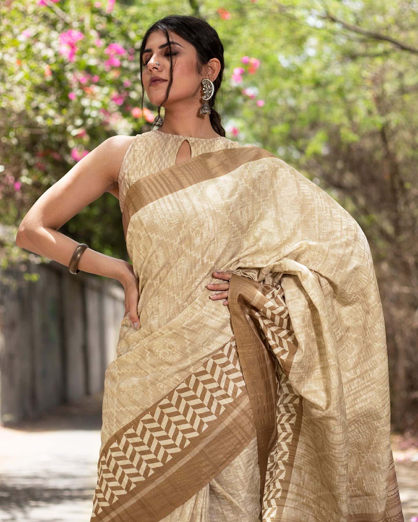 Oat Beige And Walnut Brown Traditional Pattern Digital Print Art Tusser Silk Saree With Tassels