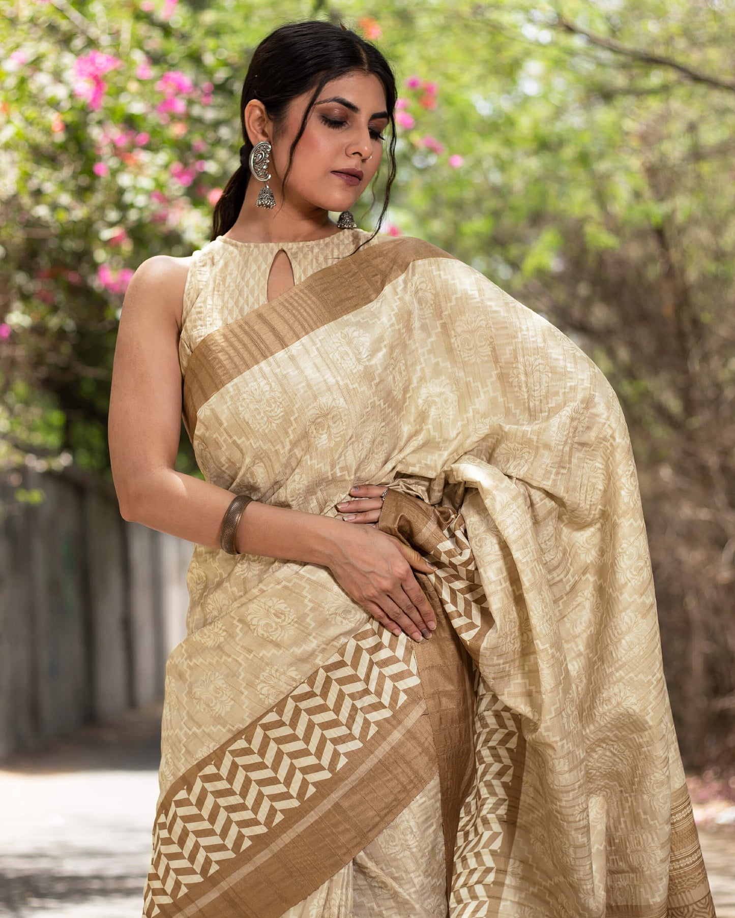 Oat Beige And Walnut Brown Traditional Pattern Digital Print Art Tusser Silk Saree With Tassels