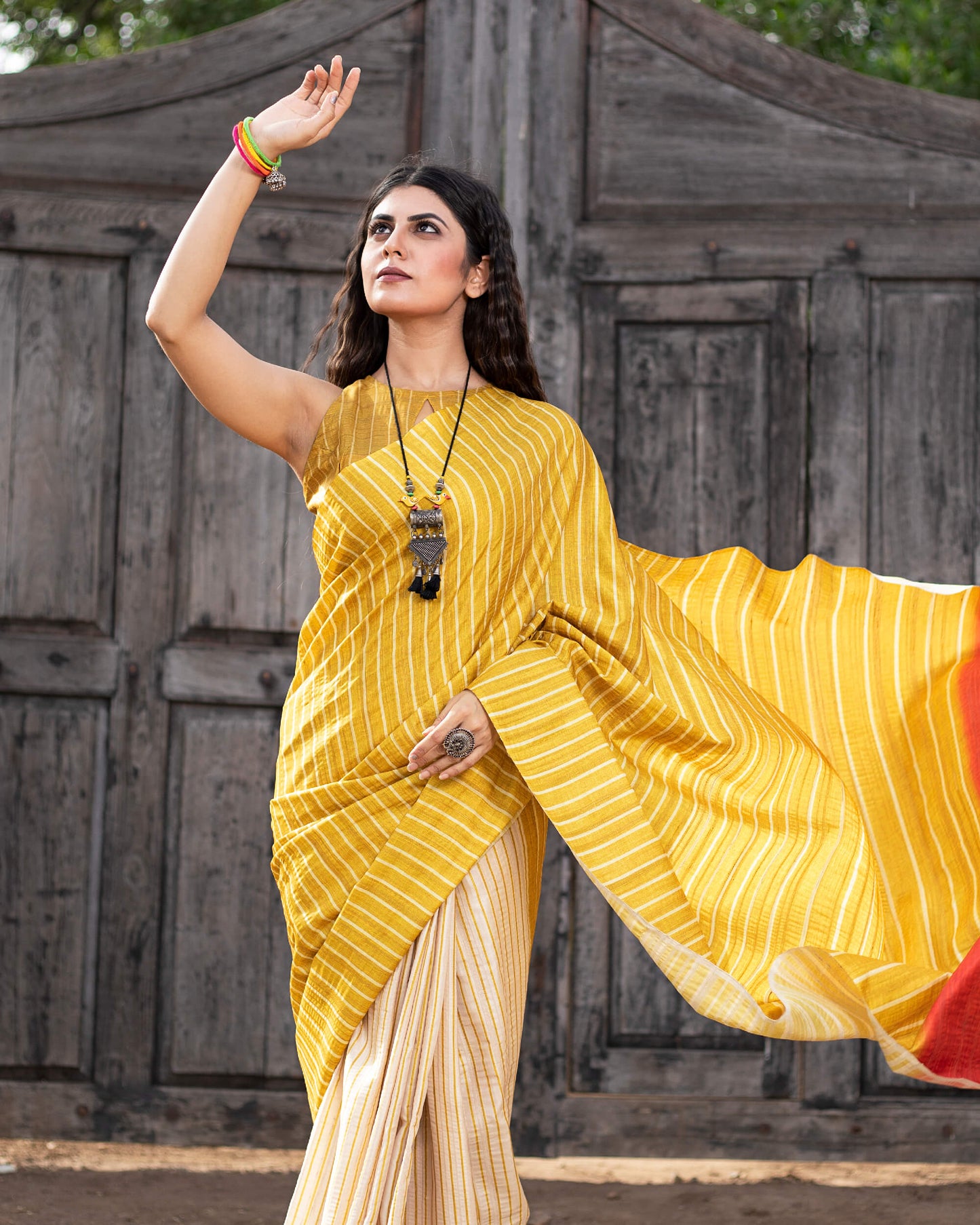 medallion Yellow And Oat Beige Stripes Pattern Digital Print Art Tusser Silk Saree With Tassels
