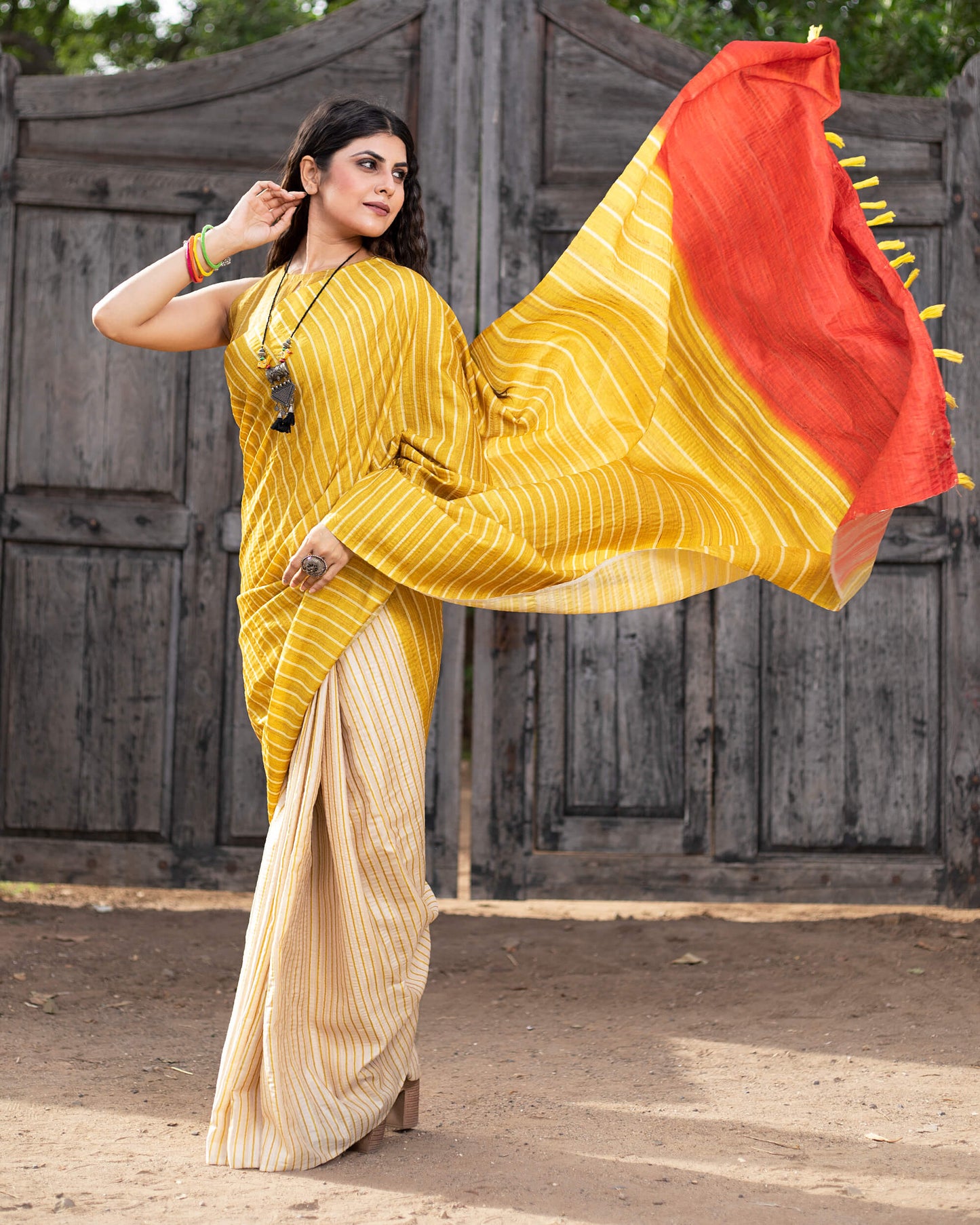 medallion Yellow And Oat Beige Stripes Pattern Digital Print Heritage Art Silk Saree With Tassels