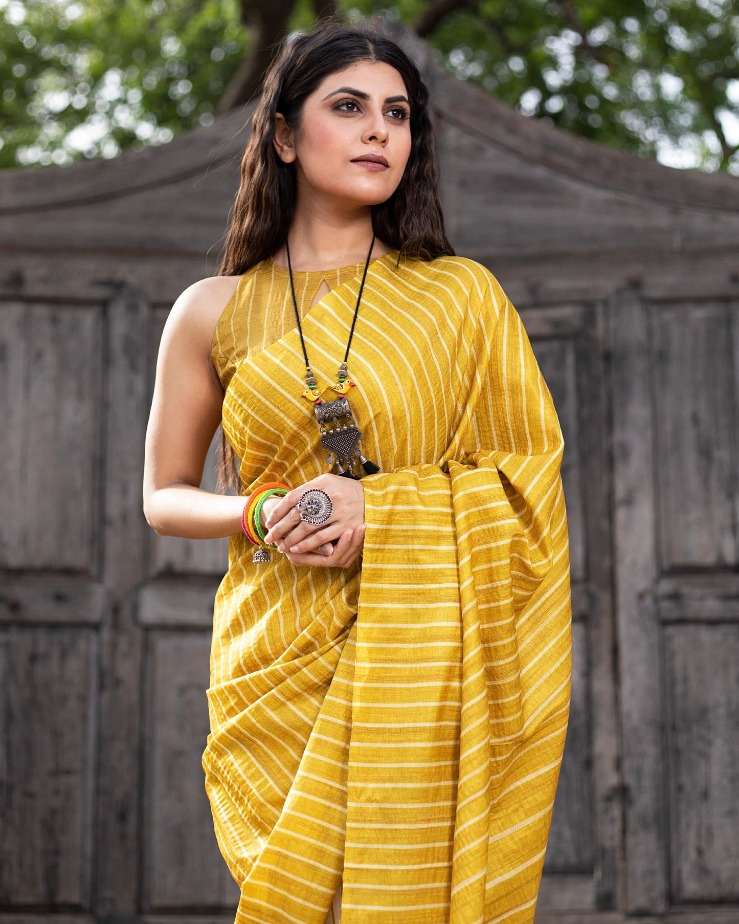 medallion Yellow And Oat Beige Stripes Pattern Digital Print Art Tusser Silk Saree With Tassels