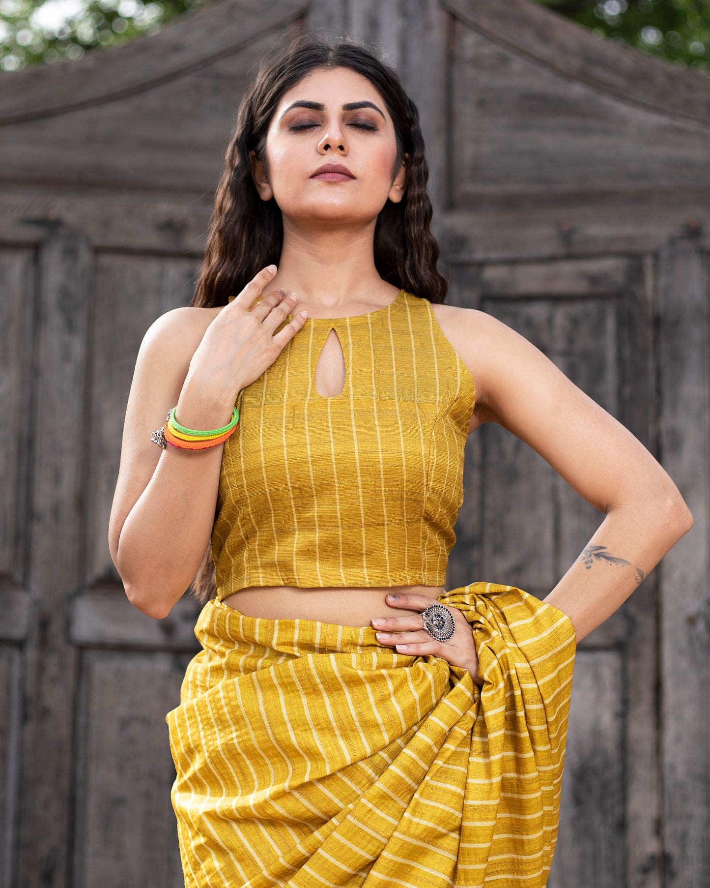 medallion Yellow And Oat Beige Stripes Pattern Digital Print Art Tusser Silk Saree With Tassels