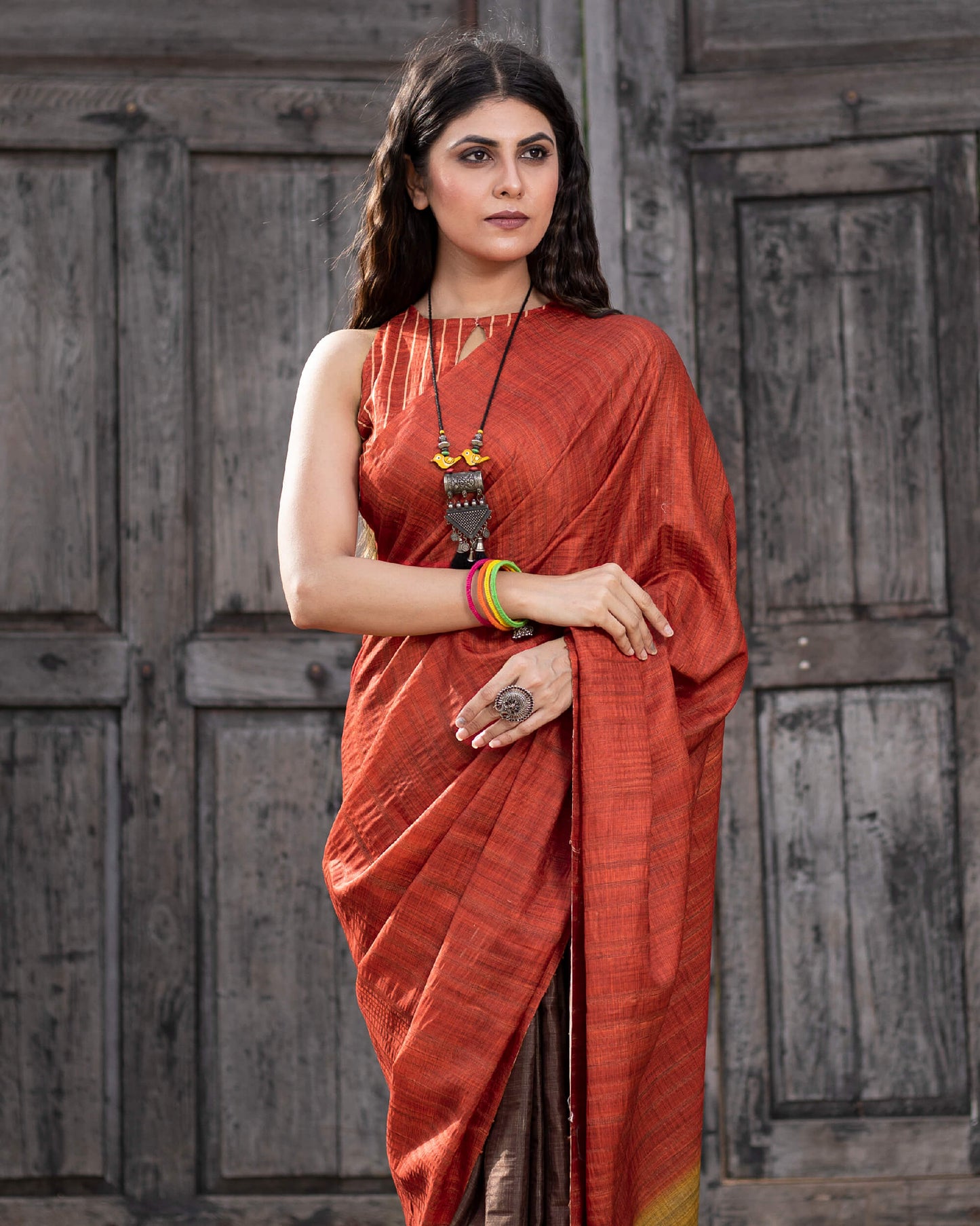 Brick Red And Umber Brown Ombre Pattern Digital Print Art Tusser Silk Saree With Tassels