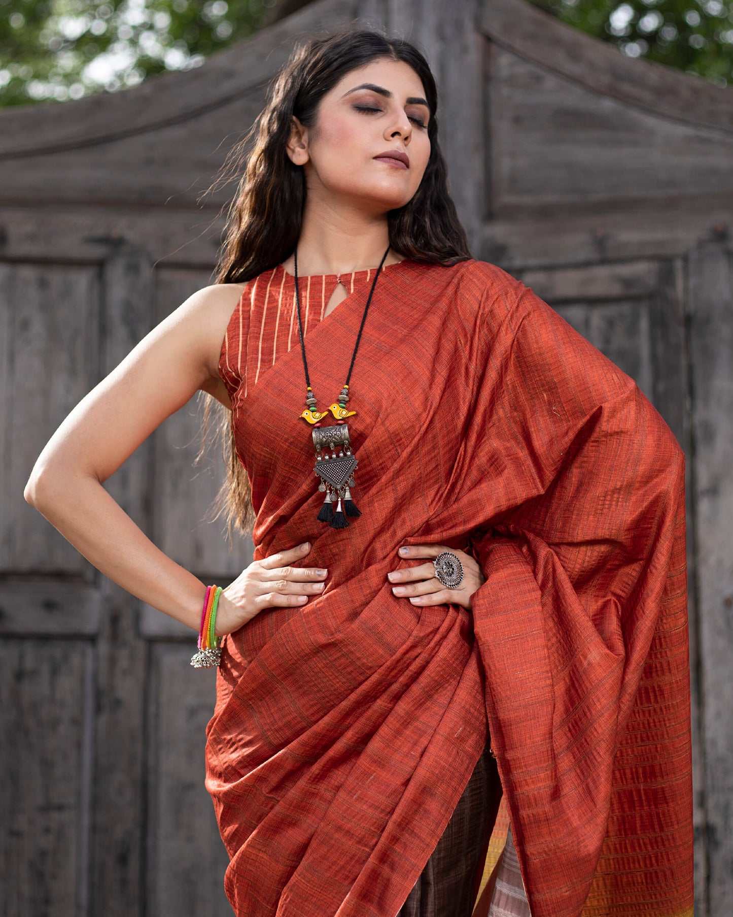 Brick Red And Umber Brown Ombre Pattern Digital Print Heritage Art Silk Saree With Tassels