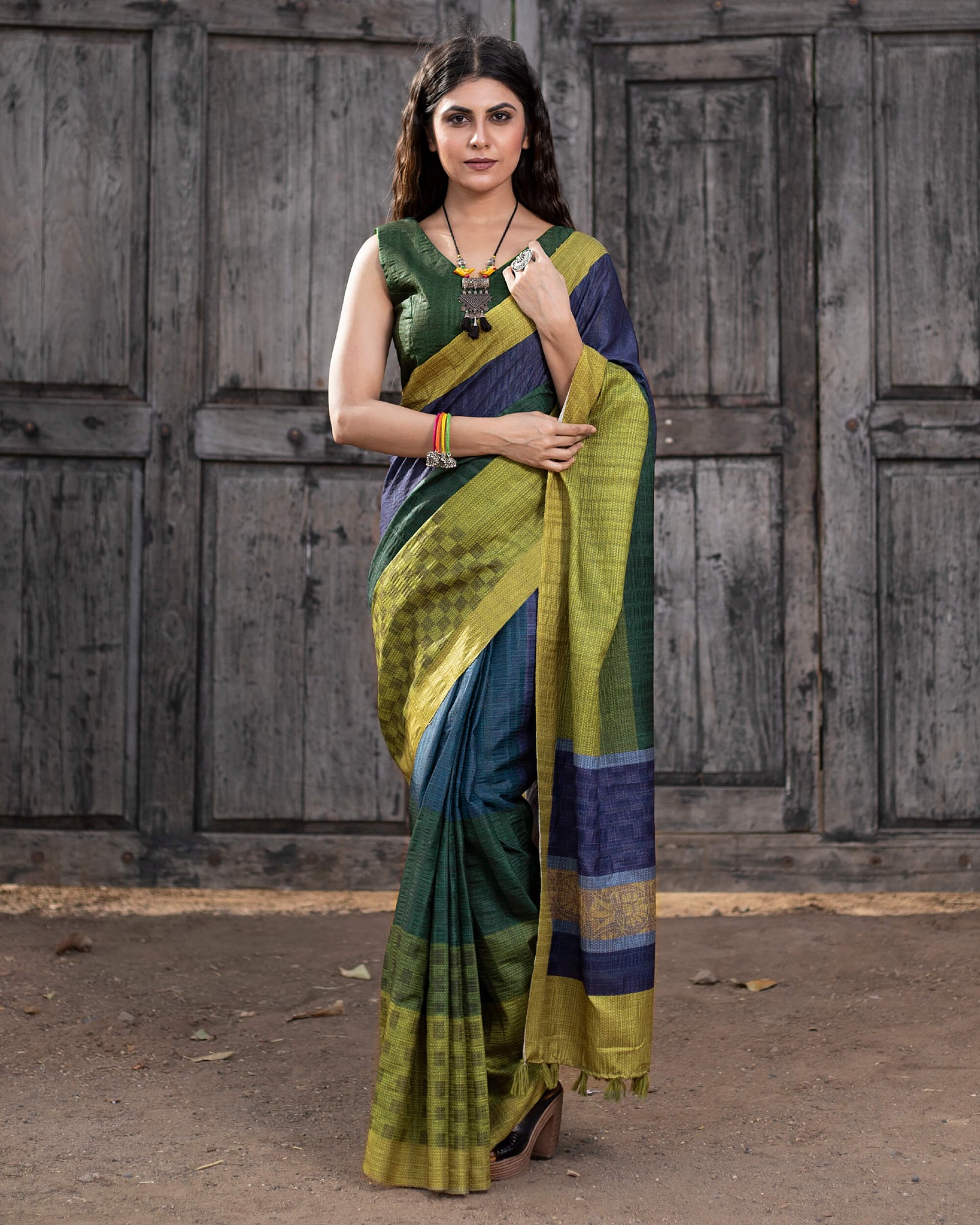 Green And Blue Stripes Pattern Digital Print Heritage Art Silk Saree With Tassels