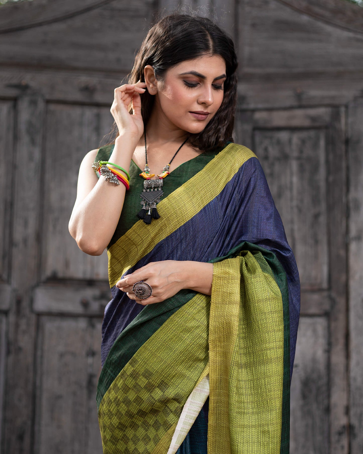 Green And Blue Stripes Pattern Digital Print Art Tusser Silk Saree With Tassels