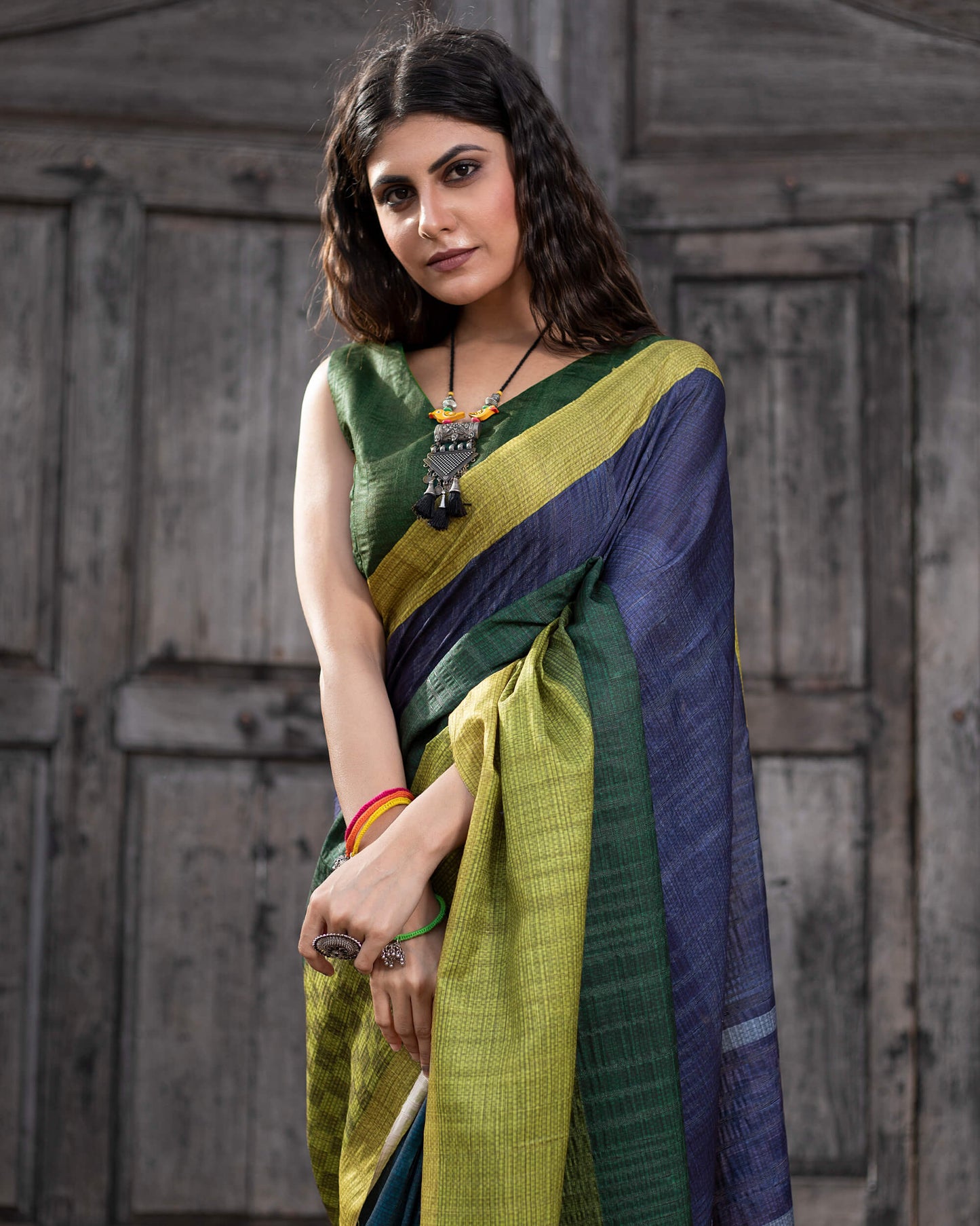Green And Blue Stripes Pattern Digital Print Art Tusser Silk Saree With Tassels