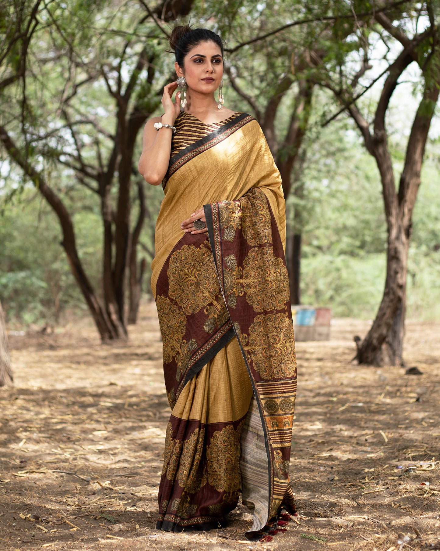 Tussock Brown And Chocolate Brown Madhuvanii Pattern Digital Print Art Tusser Silk Saree With Tassels