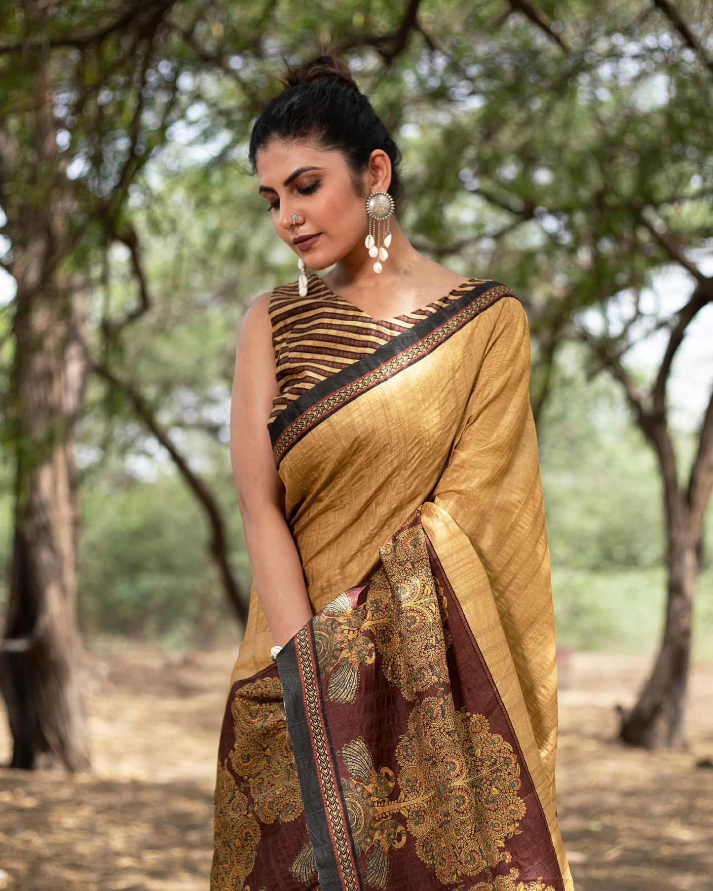 Tussock Brown And Chocolate Brown Madhuvanii Pattern Digital Print Art Tusser Silk Saree With Tassels
