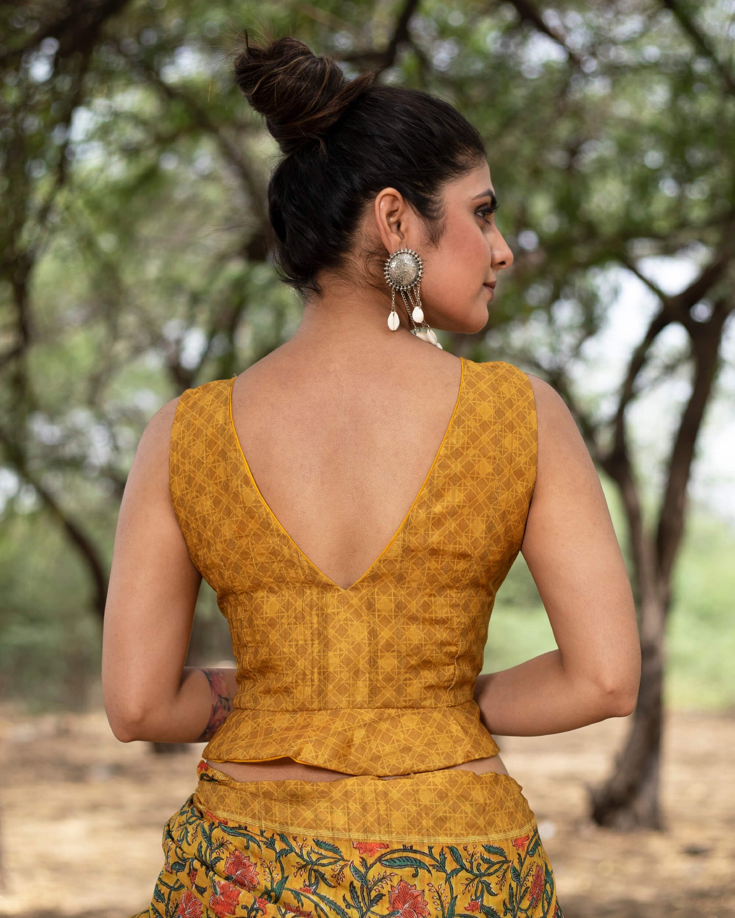 Mustard Yellow And Red Floral Pattern Digital Print Art Tusser Silk Saree With Tassels