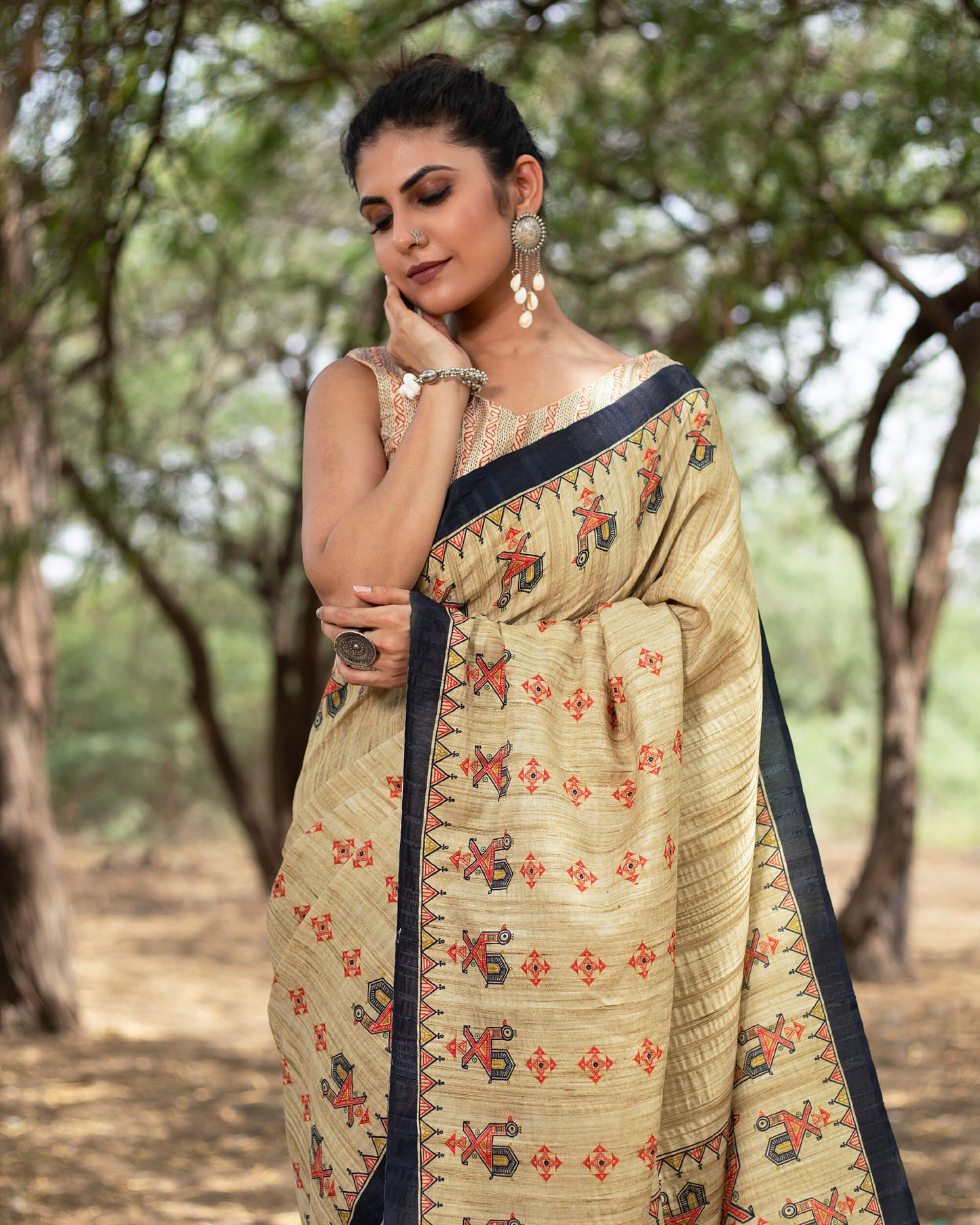 Ecru Beige And Red Madhuvanii Pattern Digital Print Art Tusser Silk Saree With Tassels