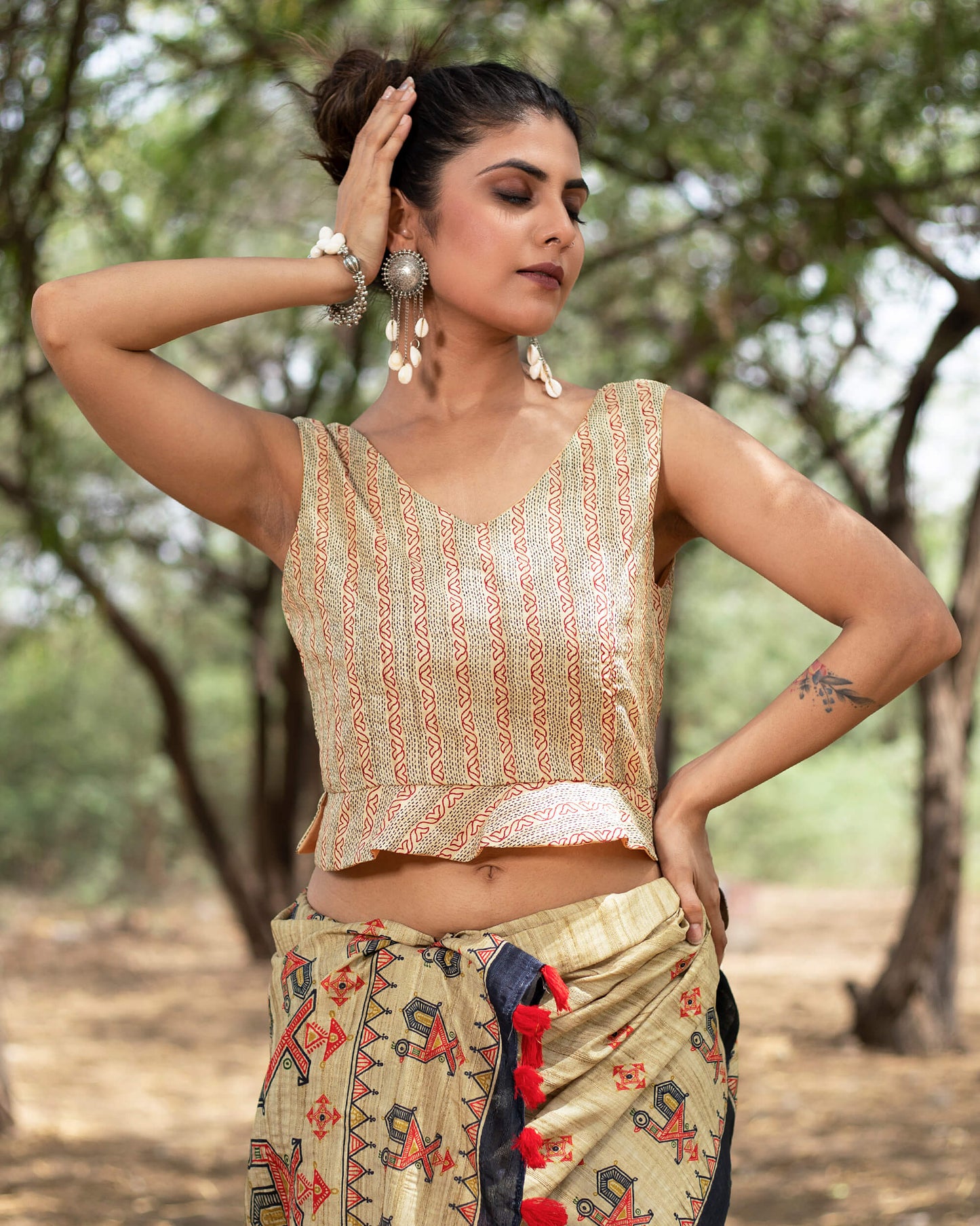 Ecru Beige And Red Madhuvanii Pattern Digital Print Art Tusser Silk Saree With Tassels