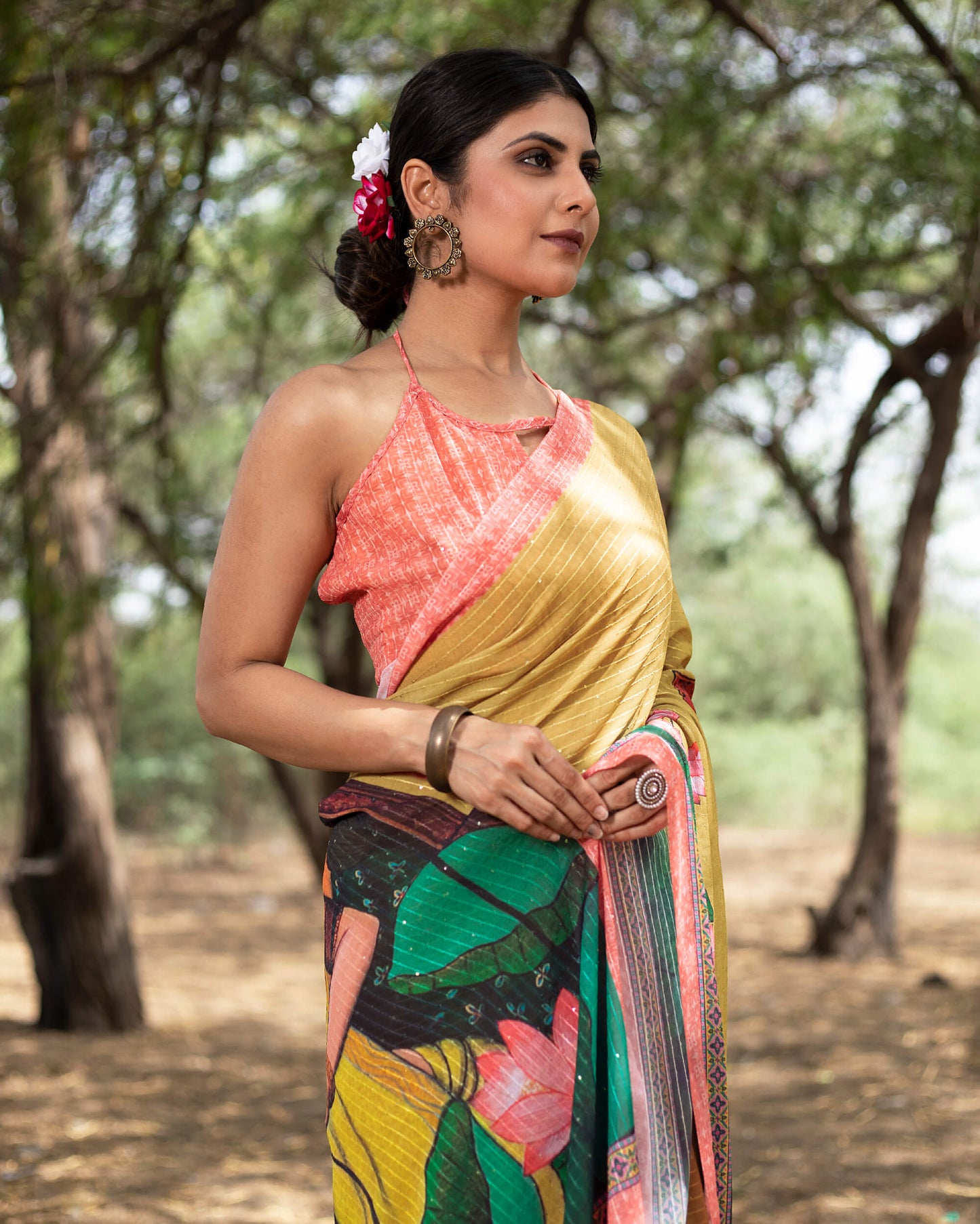 Trombone Yellow And Pink Floral Pattern Premium Sequins Georgette Saree With Tassels