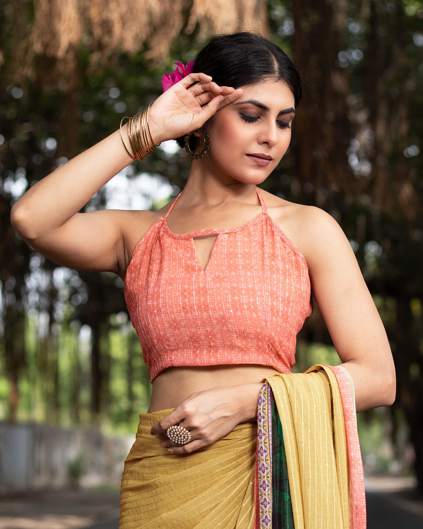 Trombone Yellow And Pink Floral Pattern Premium Sequins Georgette Saree With Tassels