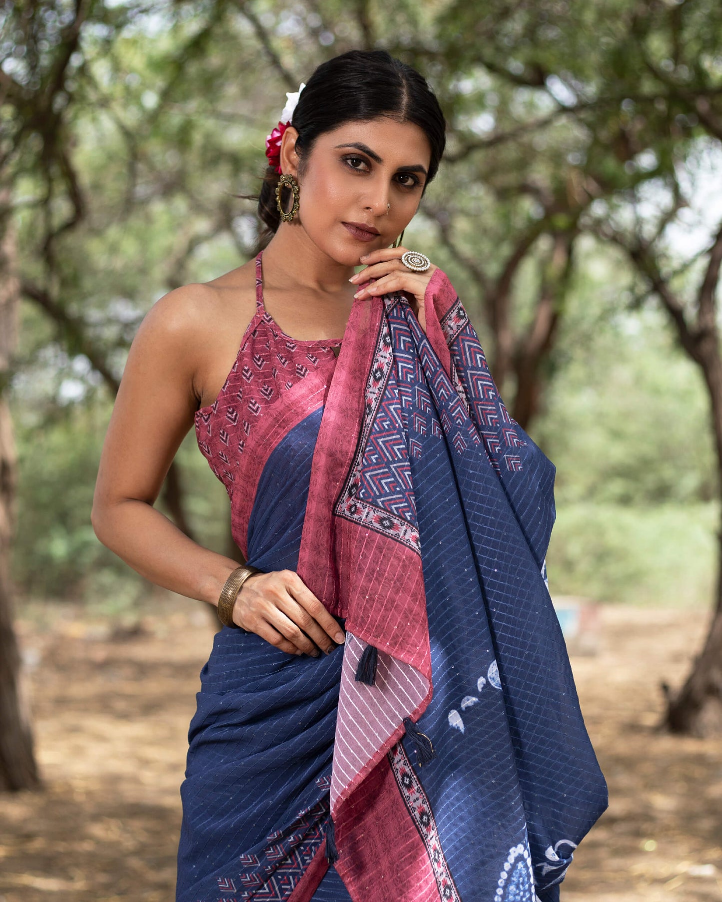Navy Blue And Cannon Pink Quirky Pattern Premium Sequins Georgette Saree With Tassels