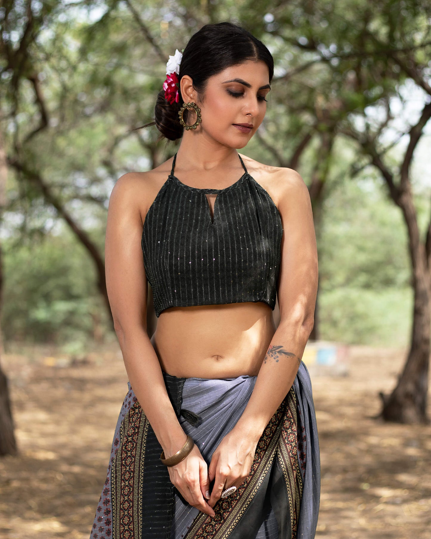 Independence Blue And Black Quirky Pattern Premium Sequins Georgette Saree With Tassels