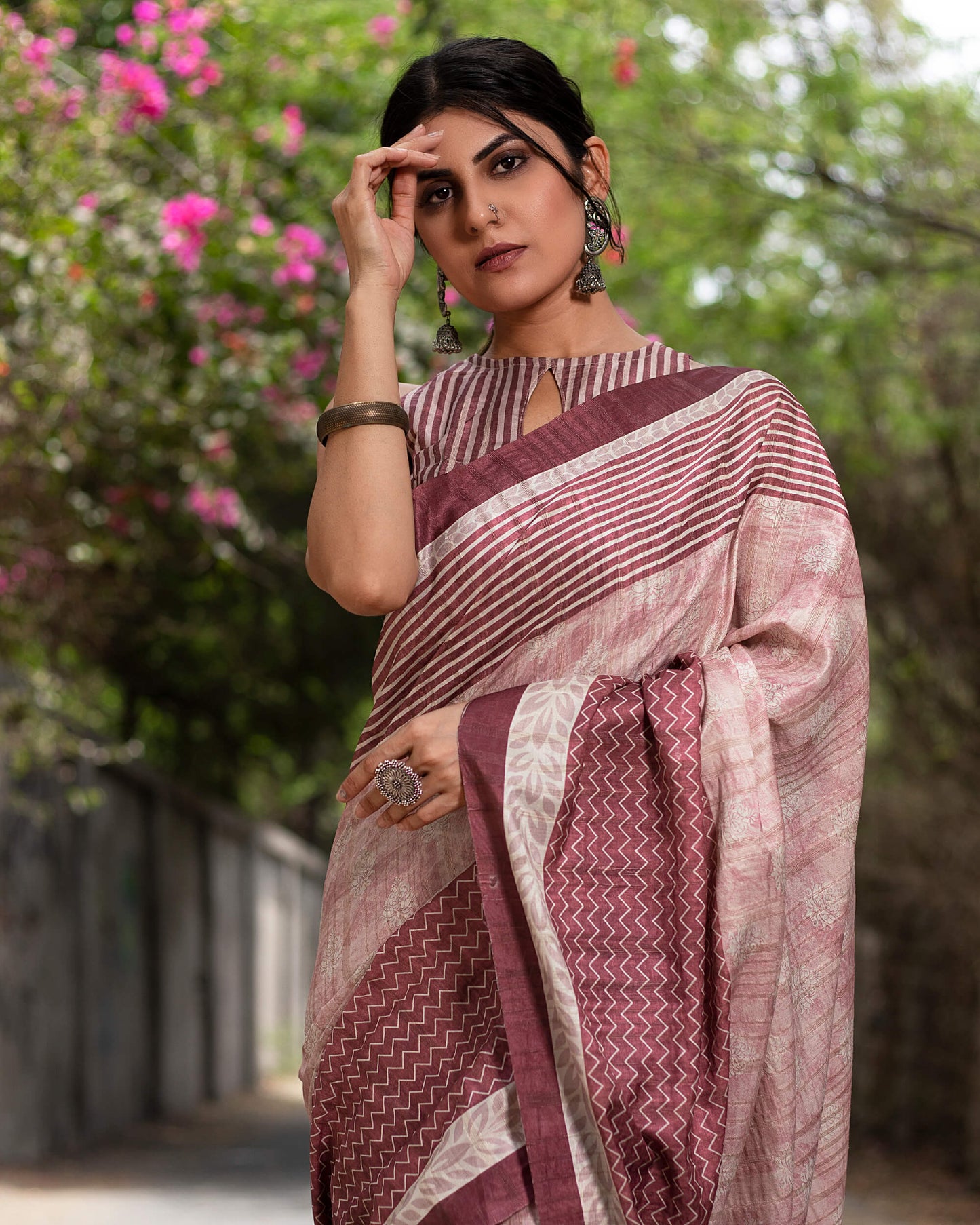Cannon Pink And White Chevron Pattern Digital Print Art Tusser Silk Saree With Tassels