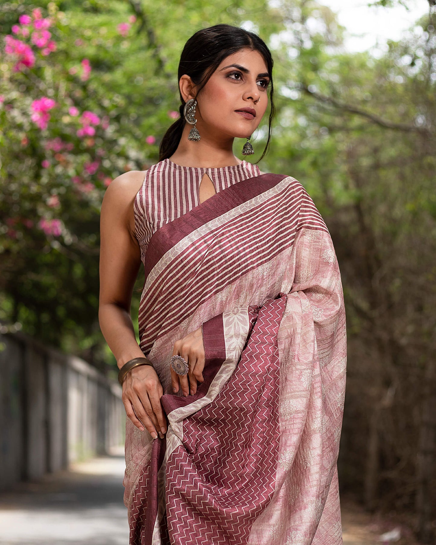 Cannon Pink And White Chevron Pattern Digital Print Art Tusser Silk Saree With Tassels