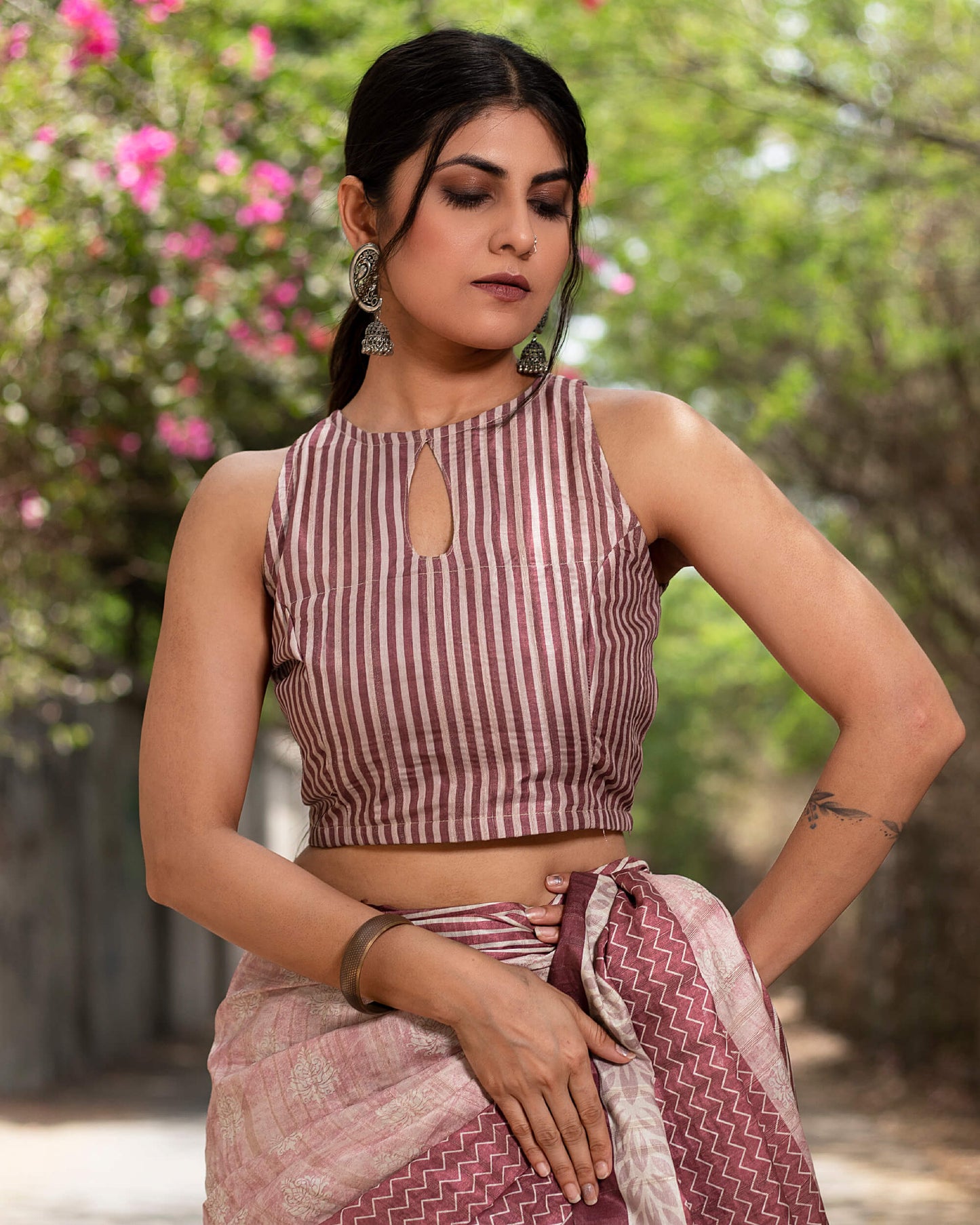 Cannon Pink And White Chevron Pattern Digital Print Art Tusser Silk Saree With Tassels