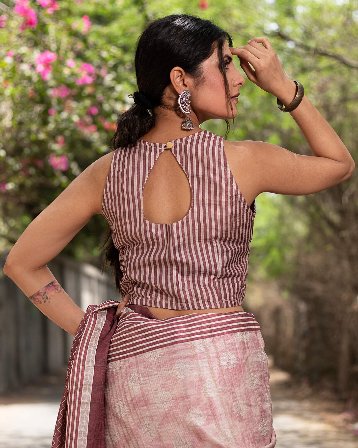 Cannon Pink And White Chevron Pattern Digital Print Art Tusser Silk Saree With Tassels