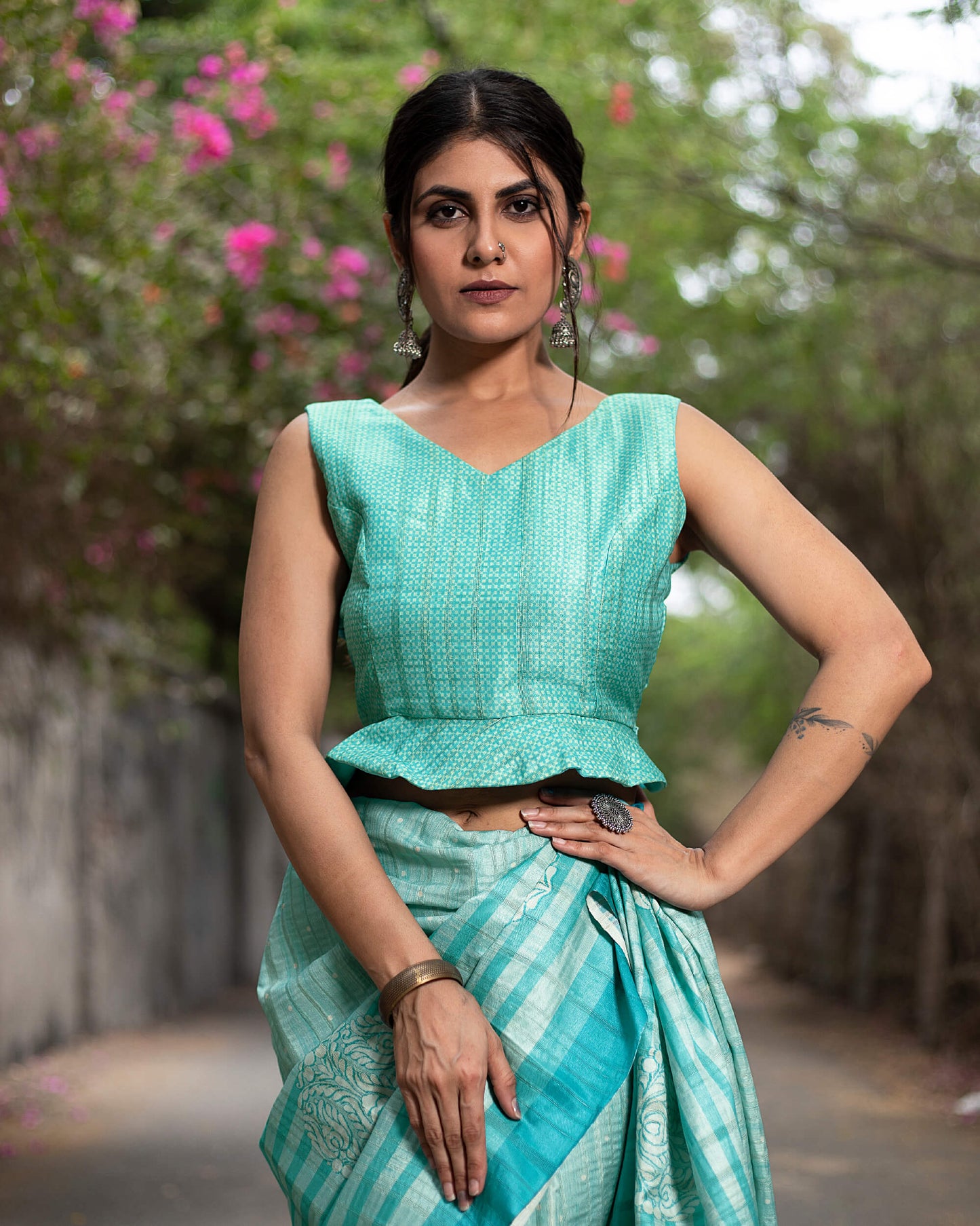 Electric Blue And White Ethnic Pattern Digital Print Art Tusser Silk Saree With Tassels
