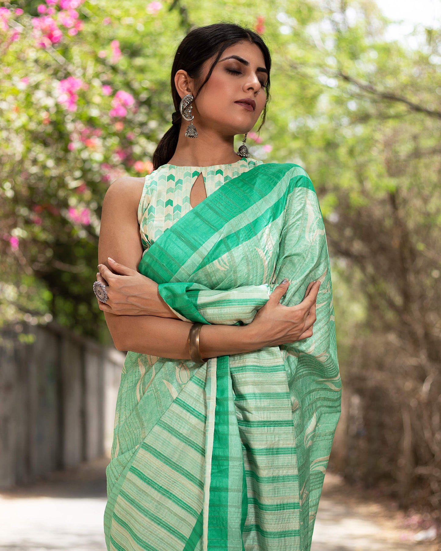 Geometric Printed Silk Jewel And Keyhole Neck Blouse