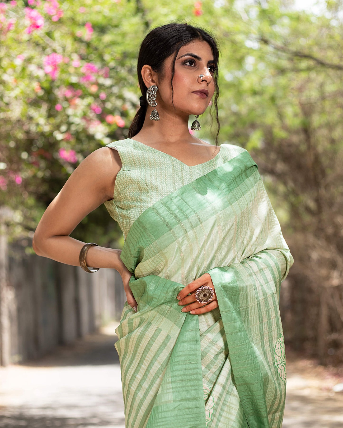 Pistachio Green And White Ethnic Pattern Digital Print Art Tusser Silk Saree With Tassels