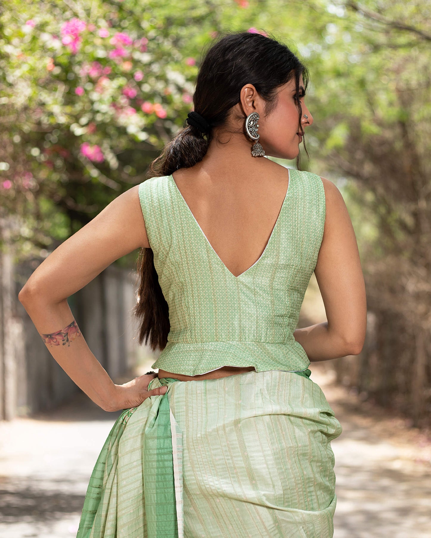 Pistachio Green And White Ethnic Pattern Digital Print Art Tusser Silk Saree With Tassels